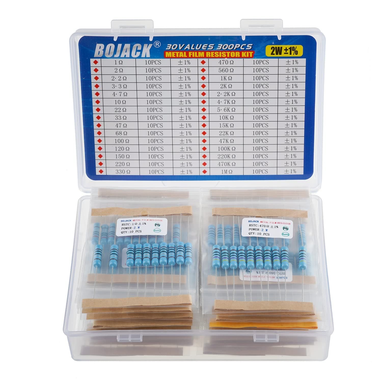 300 Pcs 30 Values Resistor Kit 1 Ohm - 1M Ohm with 1% 2W Metal Film Resistors Assortment