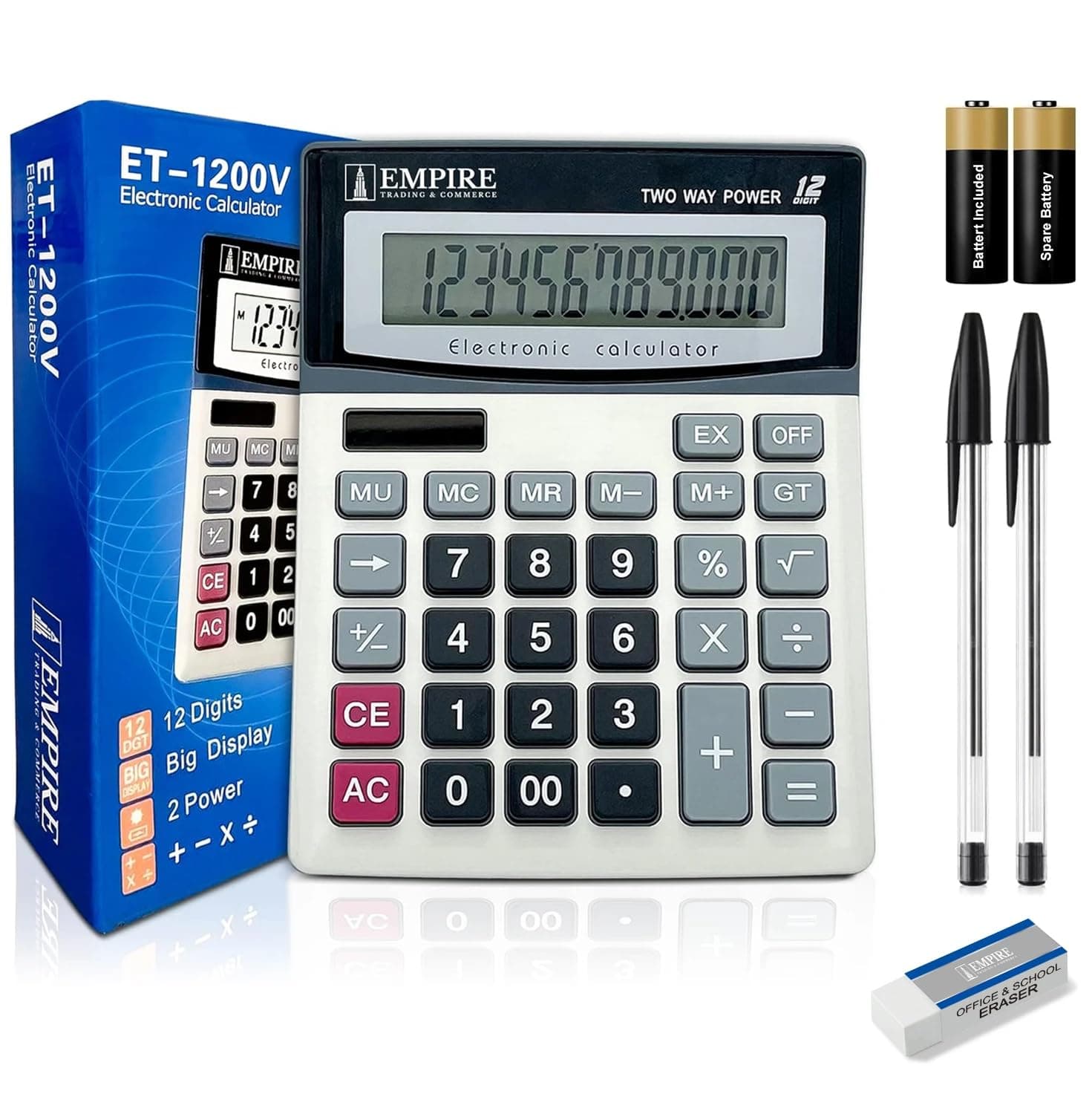 Empire Desk Calculator with Large Key Buttons, 12 Digits, Large Eye-Angled Display, Solar and Battery Powered for Home and Office (Included 2 Battery, 2 Pen and 1 Rubber)