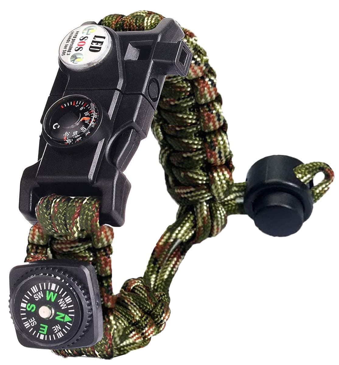 Paracord Survival Bracelet Kit Adjustable with Flint fire starter + Compass + Thermometer + Whistle + Umbrella rope + LED light + Multi-tool + Card reader, for Hiking Camping Outdoor Activities