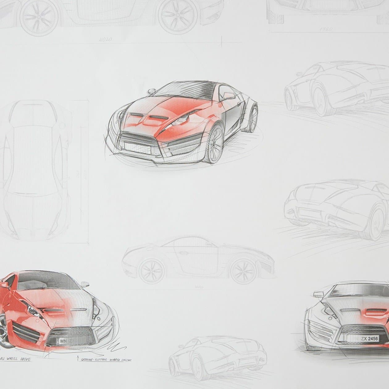 Caselio Only Boys 64738010 Wallpaper with White Background Cars Sketches and Drawings in Red