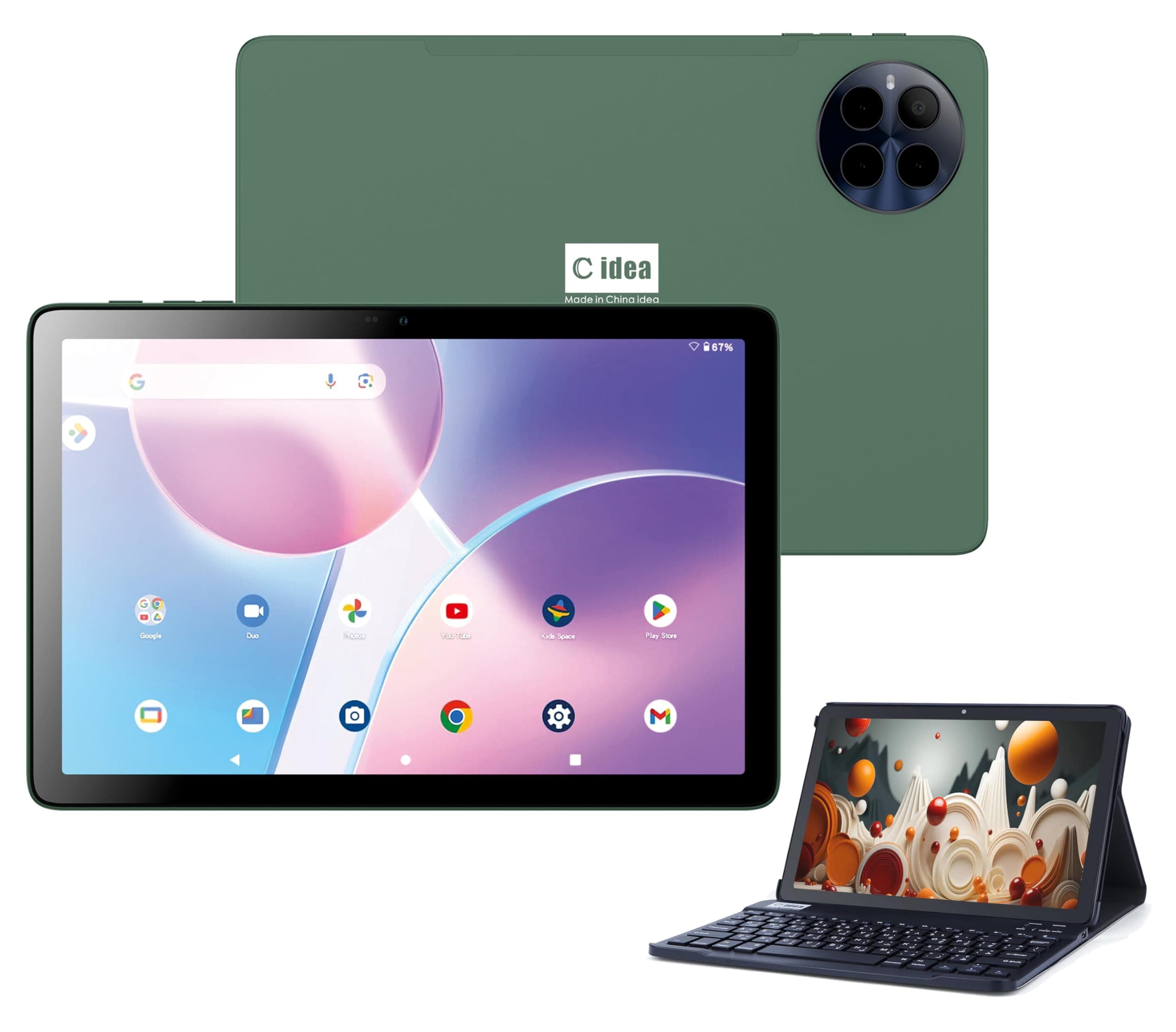 C idea 10" Smart Tablet CM8800 Plus, Android 13 Kids Computer Tab, Wiresless Keyboard Mouse Supported, Dual SIM 5G LTE Wifi, Zoom & Tiktok Supported with Earbuds/Bluetooth Mini Speaker (Green)