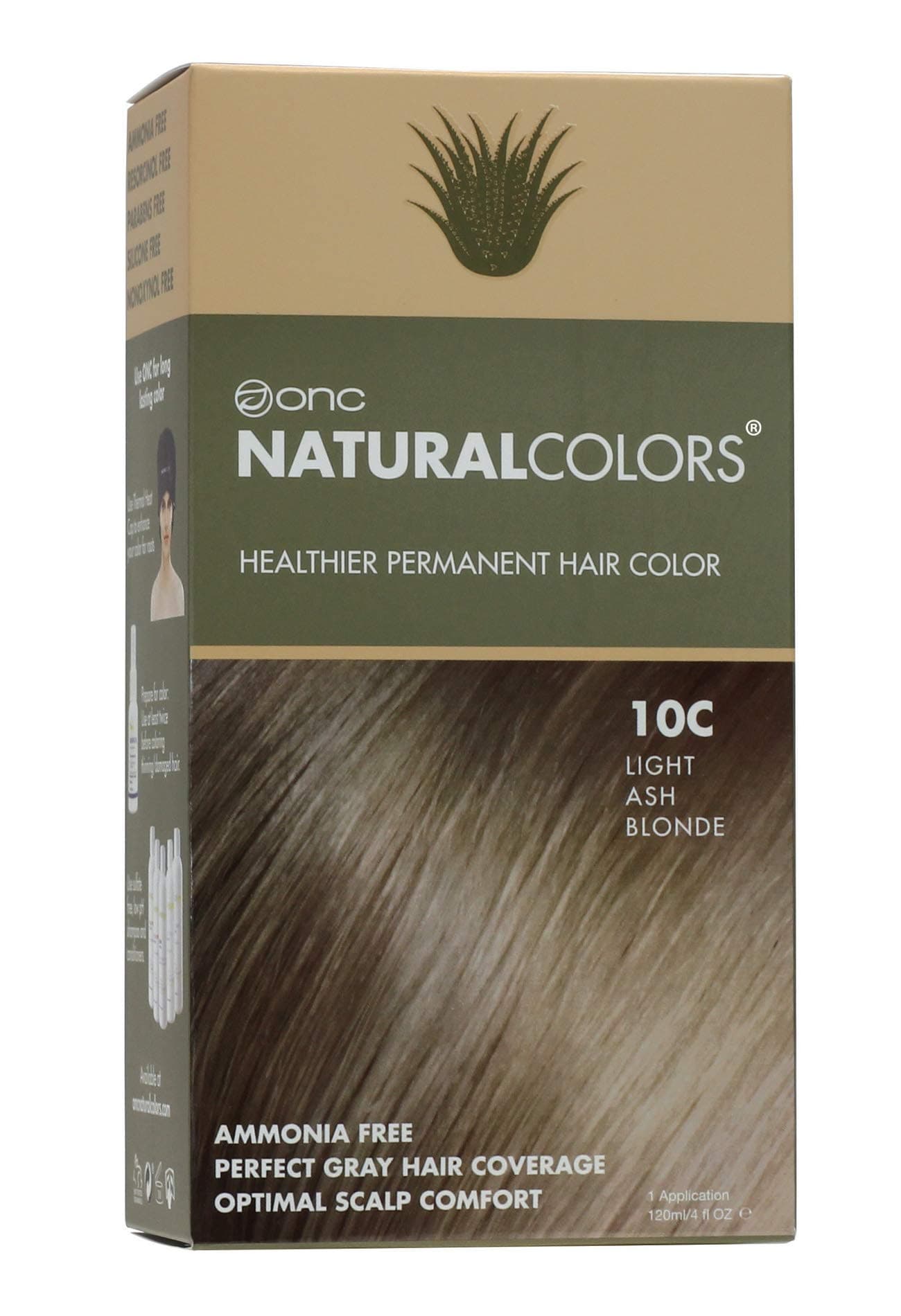 ONC NATURALCOLORS (10C Light Ash Blonde) 4 fl. oz. (120 mL) Heat Activated Healthier Permanent Hair Dye with Certified Organic Ingredients, Ammonia Free, Vegan Friendly, 100% Gray Coverage