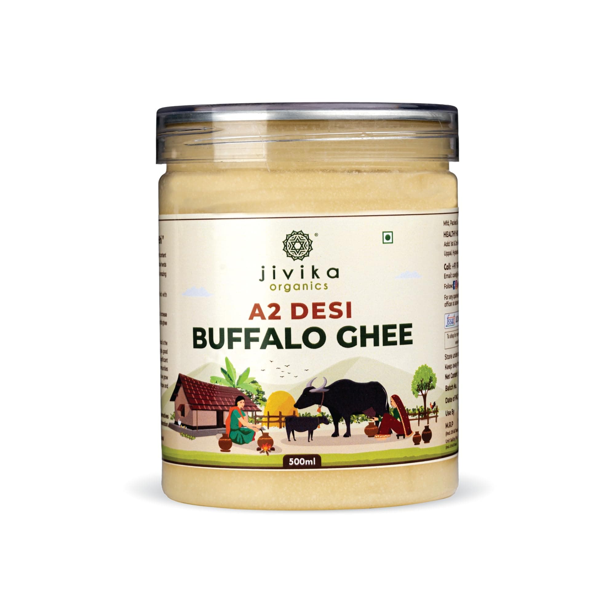 Jivika A2 Desi Buffalo Ghee 500Ml | Bilona Ghee | Grass Fed Buffaloes | Murra Buffalo | Haryana Region | Pure & Natural | Nutritional Powerhouse | Lab Tested