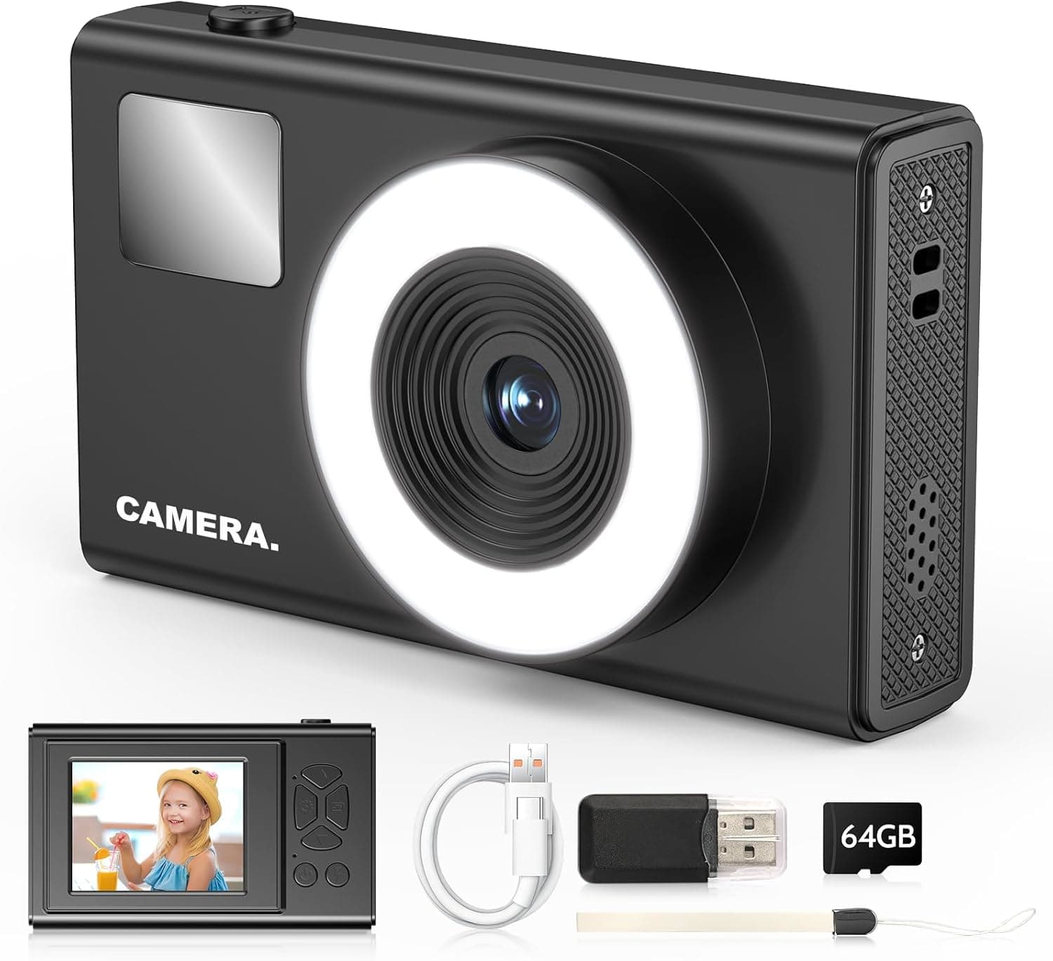 Digital Camera for Kids Fill Light, 1080P FHD Camera, Vintage Camera, Retro Digital Camera CCD for Teens Boys Girls Seniors Student Children, 64GB SD Card, 16X Zoom