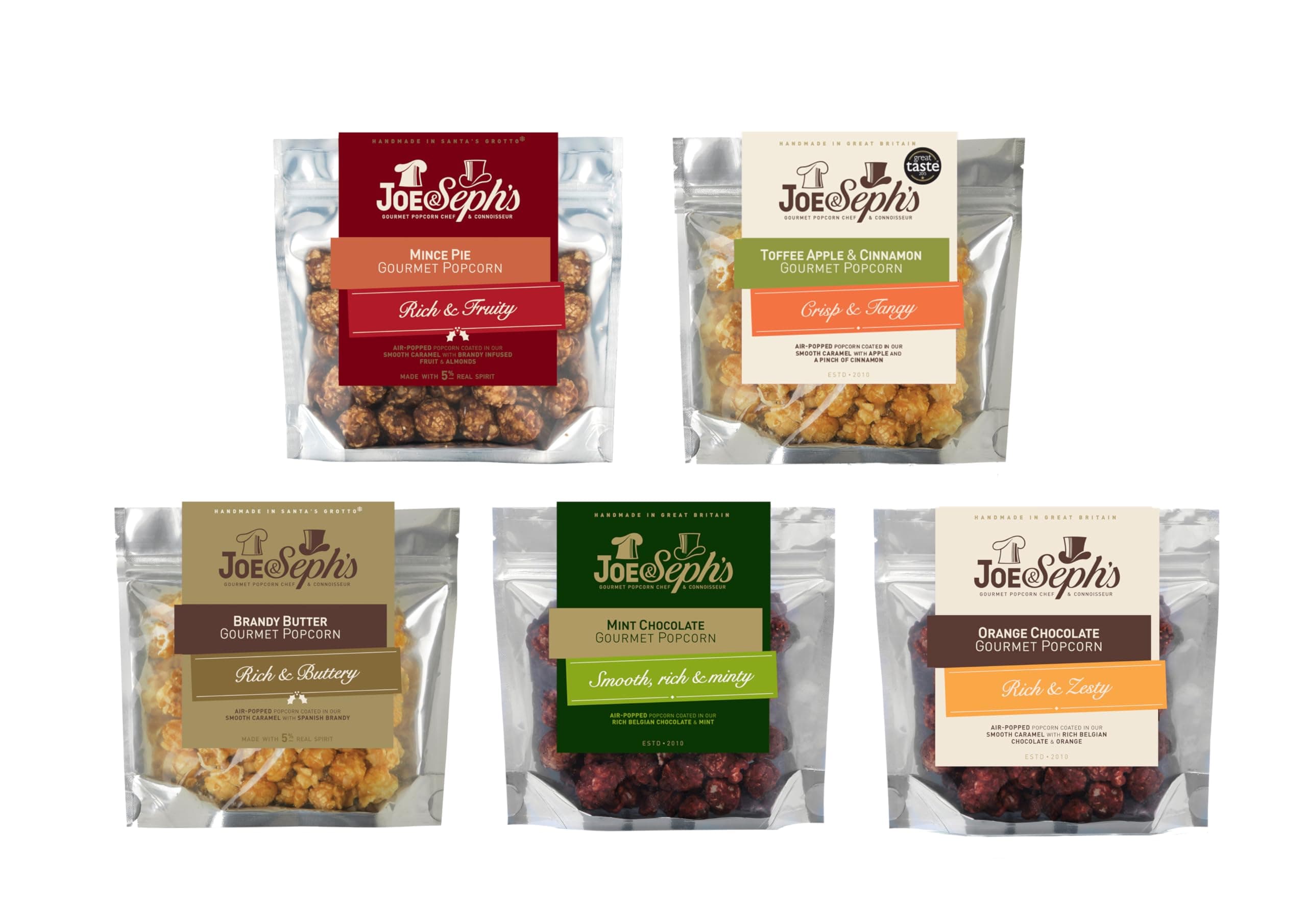 Joe & Seph's Festive Popcorn Tasting Selection (5x30g) | Mint Chocolate, Mince Pie, Brandy Butter, Toffee Apple & Cinnamon and Orange Chocolate, gourmet popcorn, festive snacks