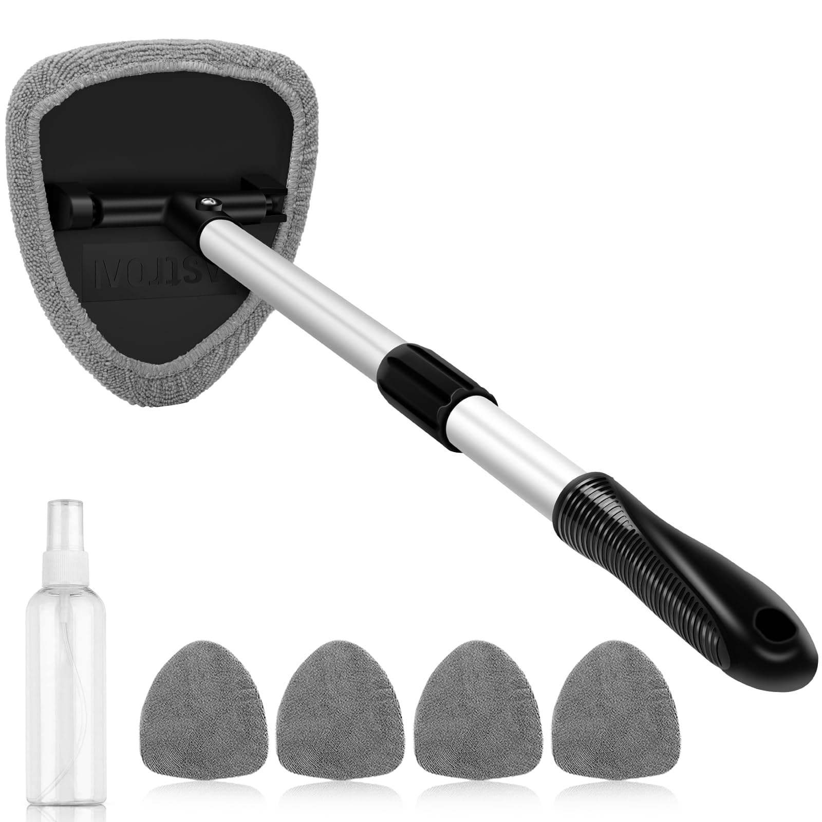 AstroAI Car Windscreen Cleaner, 4 Reusable and Washable Microfiber Pads, Windshield Cleaning Wand Tool with Telescopic and Extendable Handle Auto Inside Glass Wiper Kit, Grey