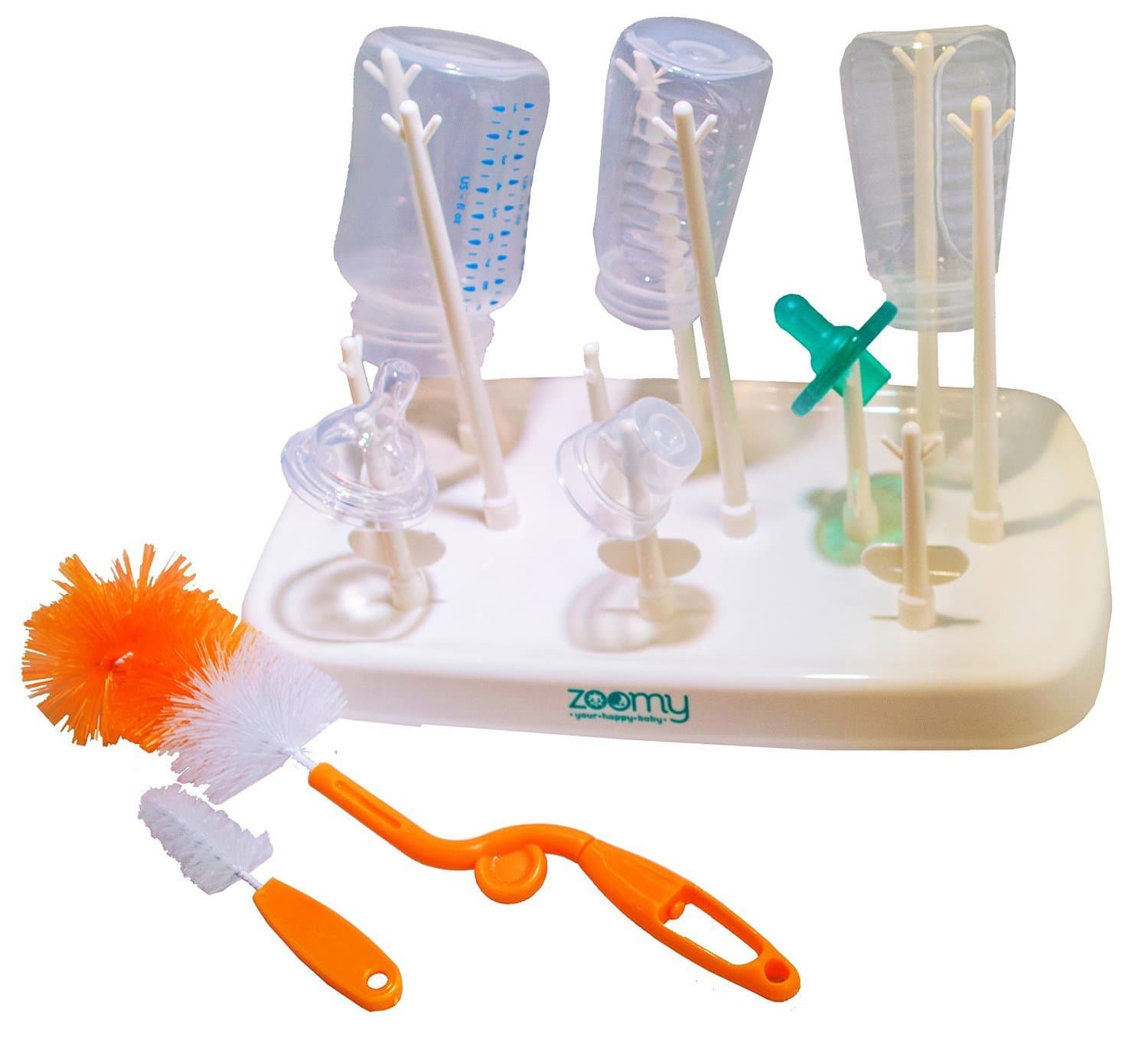 Baby Bottle Drying Rack Kit by Zoomy Baby — Lightweight, Compact Bottle Storage — Dries Baby Accessories (Baby Pacifiers, Breast Pumps, Baby Toys, & More) — Bonus: Nipple Brush and Bottle Brush