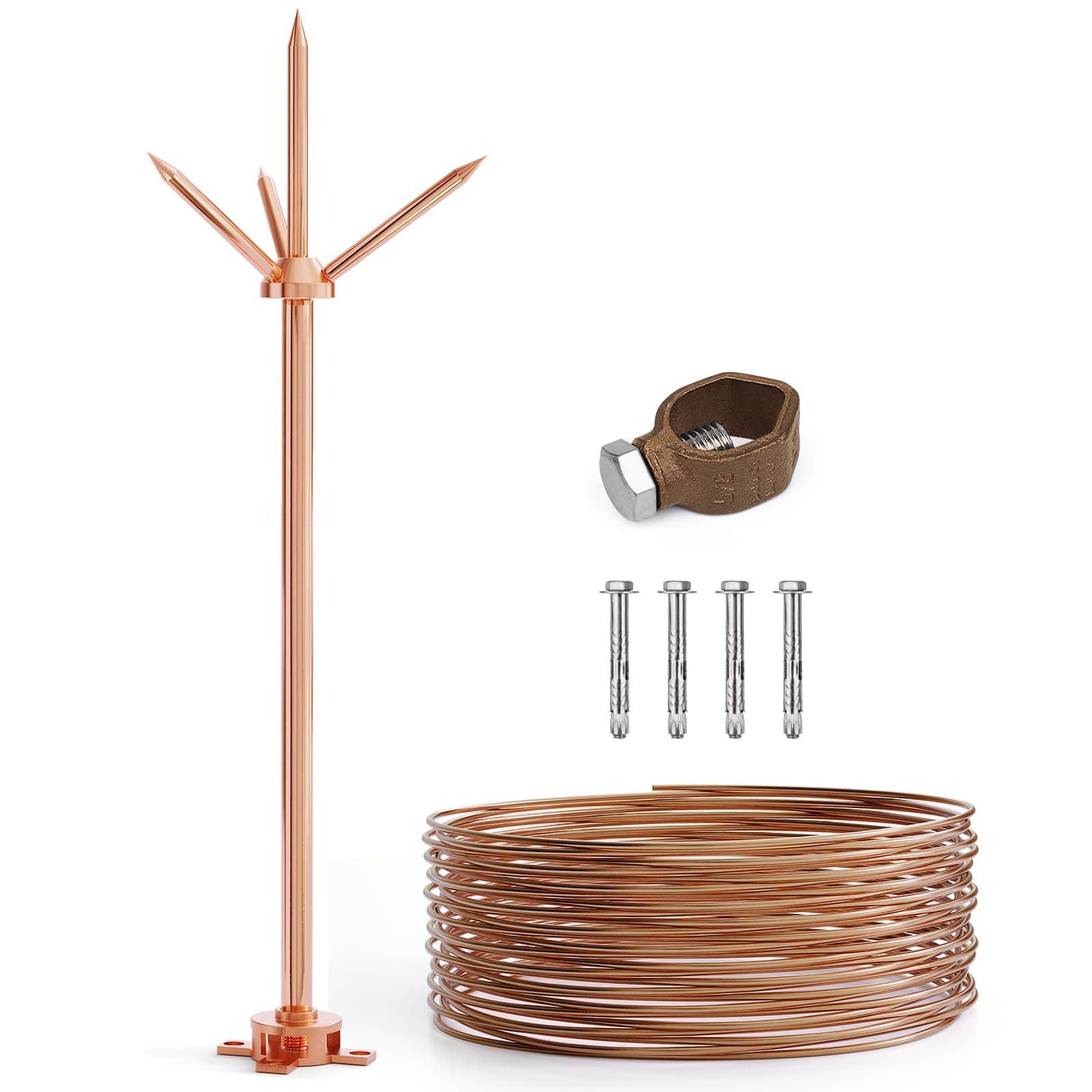 Lightning Rod,Copper Lightning Rod Protection System with 60 Feet 6AWG Down Conductor and Ground Rod Clamp UL Listed for House Roof Bungalow Tin House Farm (1.7FT, Lightning Rod with Down Conductor)