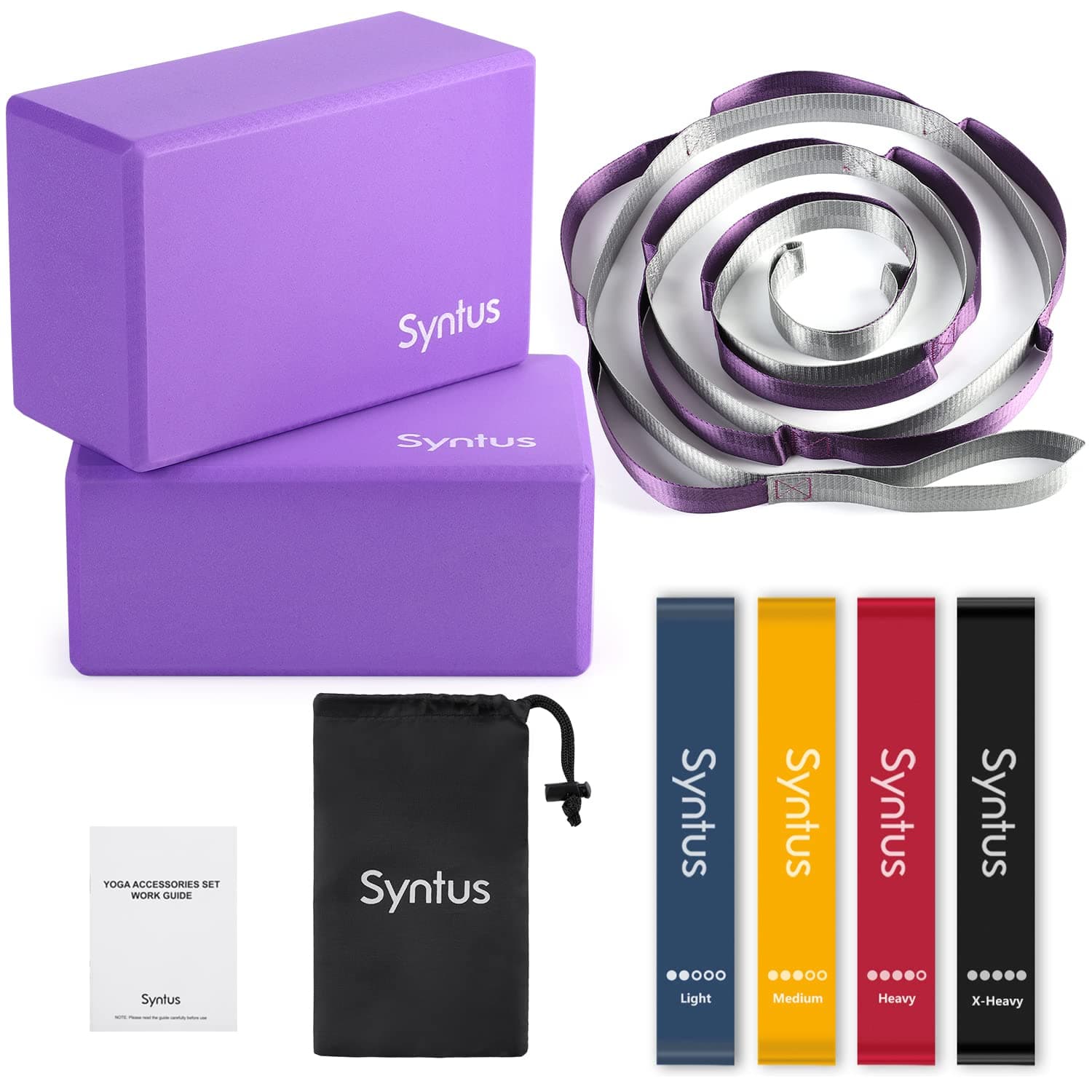 Syntus 9-in-1 Yoga Set, 1 Yoga Strap with 12 Loops, 2 EVA Foam Soft Non-Slip Yoga Blocks 9×6×4 inches,4 Resistance Bands with Instruction Book for Yoga, Pilates, Stretchings (Purple)