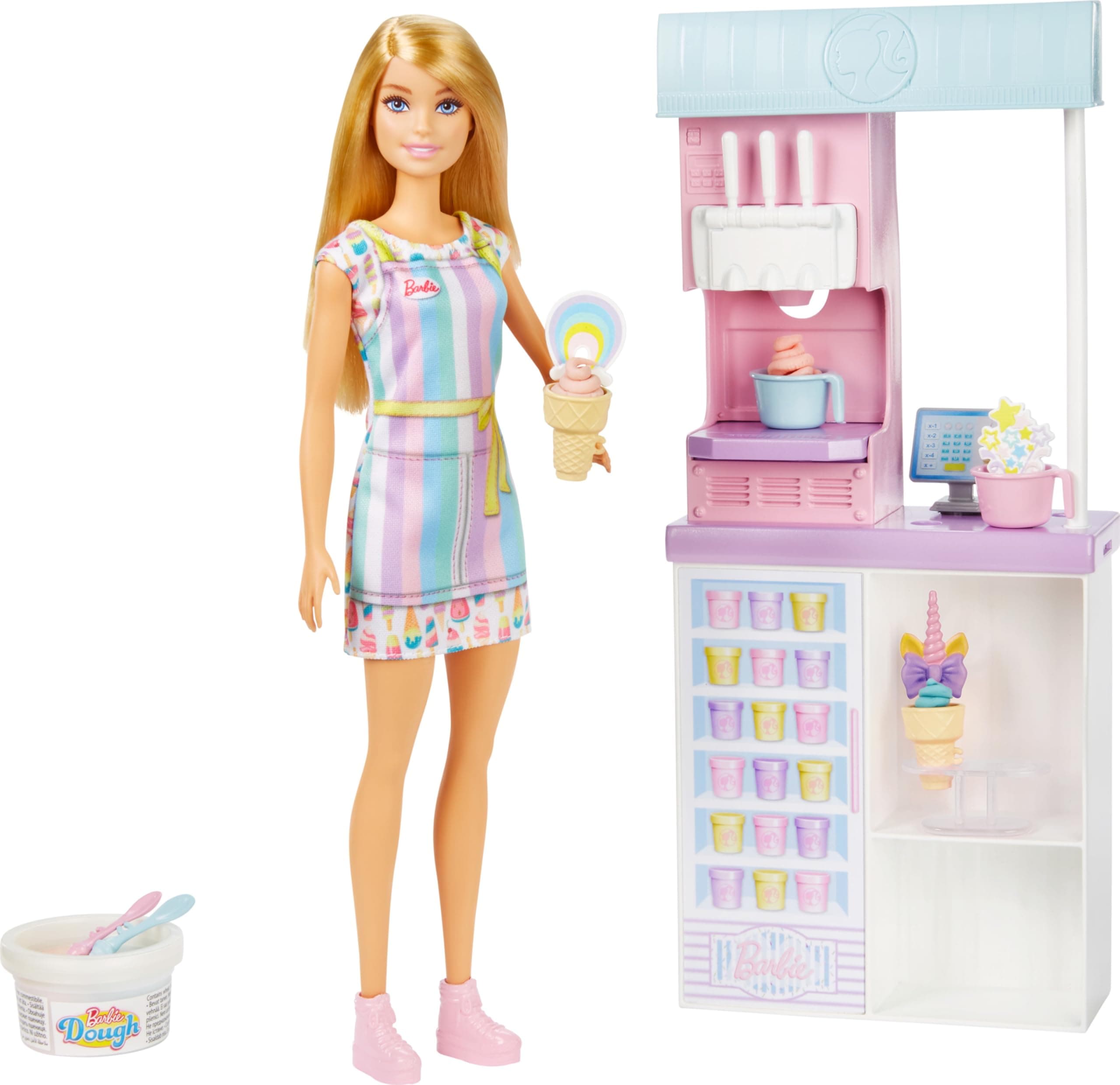Barbie Ice Cream Shop Playset with 12 in Blonde Doll, Ice Cream Making Feature, 2 Dough Containers, 2 Bowls, 2 Cones, and accesories, Gift for Ages 3 Years Old & Up, HCN46