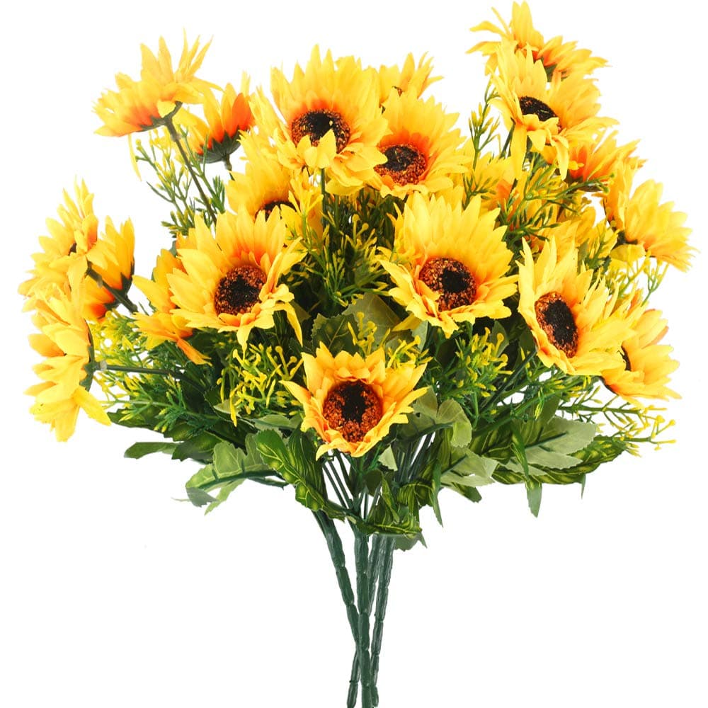HUAESIN 4 Pcs Sunflowers Artificial Silk Sunflower Bush Fake Sunflowers Bouquet Plastic Flowers Plants Faux Floral Table Centerpieces Arrangements Home Kitchen Grave Autumn Christmas Decorations