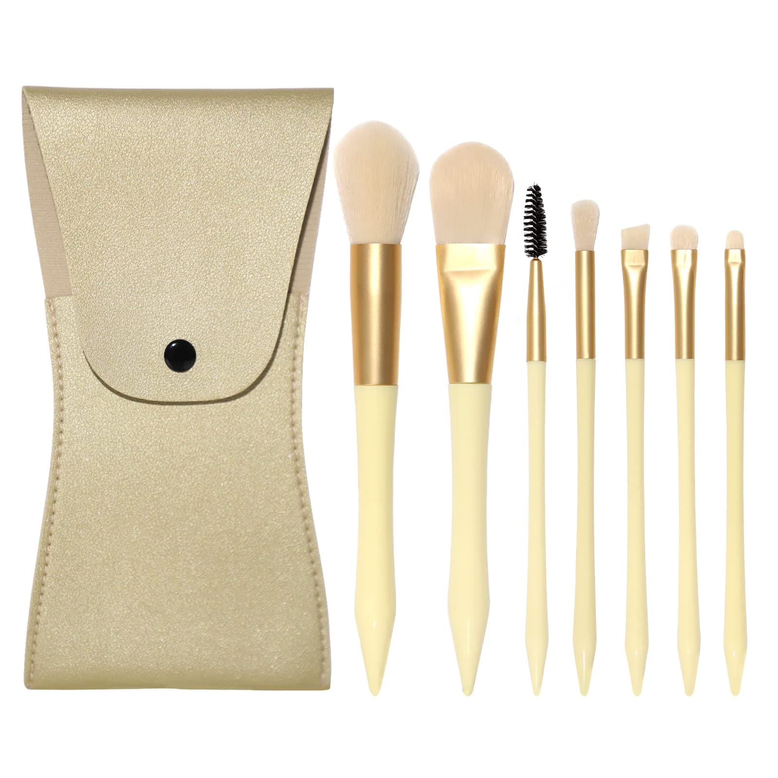 Oputemon Travel Makeup Brush Set 7pcs Premium Synthetic Foundation Blending Blush Concealer Eye Shadow Cosmetic Brush Set,Includes Eyebrow Brush & Lip brush, Elastic Bristles Plastic Handle With Leather Case Packaging ,Perfect For Travel,Matte Gold