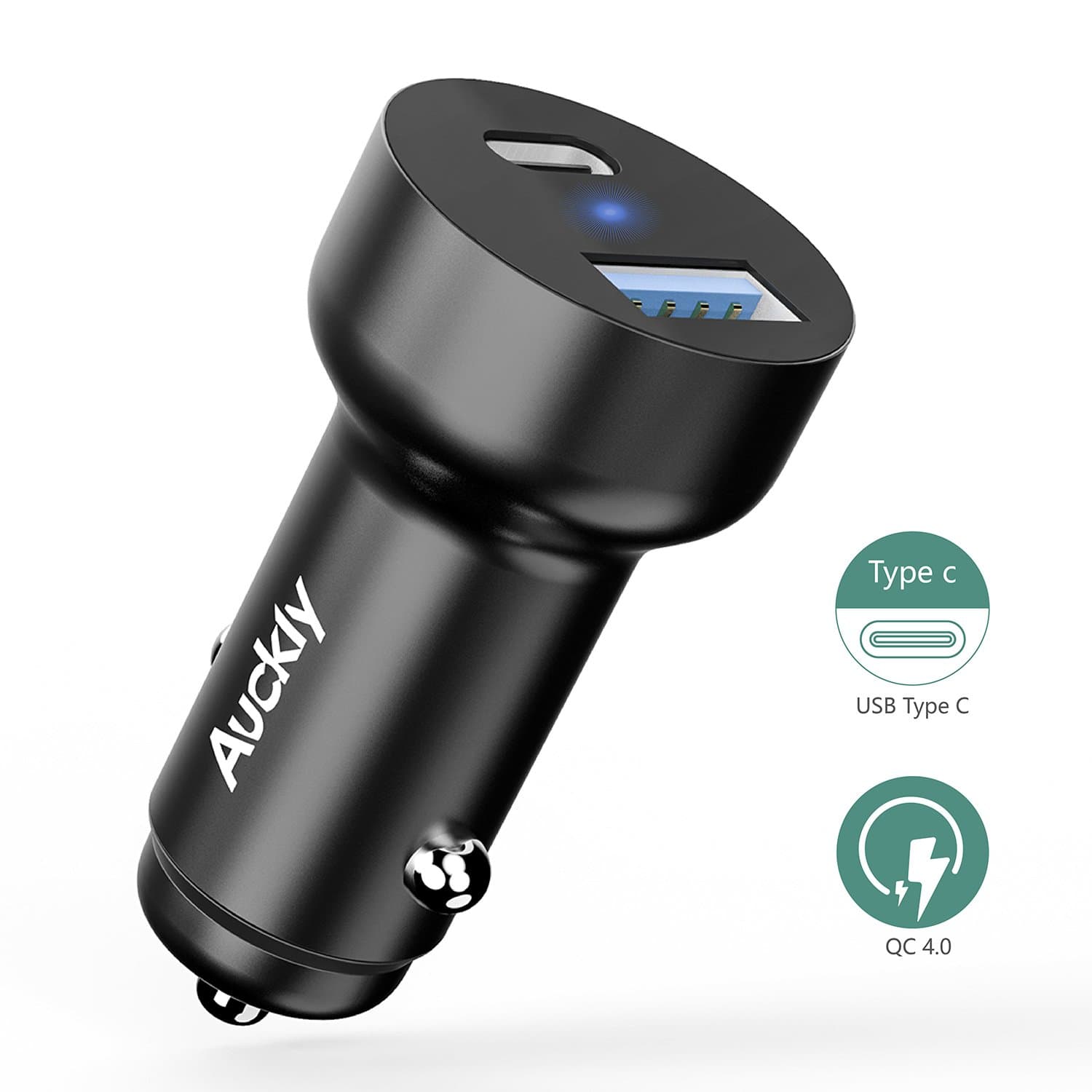 Auckly USB Type C Car Charger, Metal Dual Port QC 3.0 Car Charger Adapter with Type-C+PD, Quick Charge 3.0 Car Charger Plug with PD for iPhone 8/X, Galaxy, HTC, Huawei, Google Pixel/XL etc (Blue)
