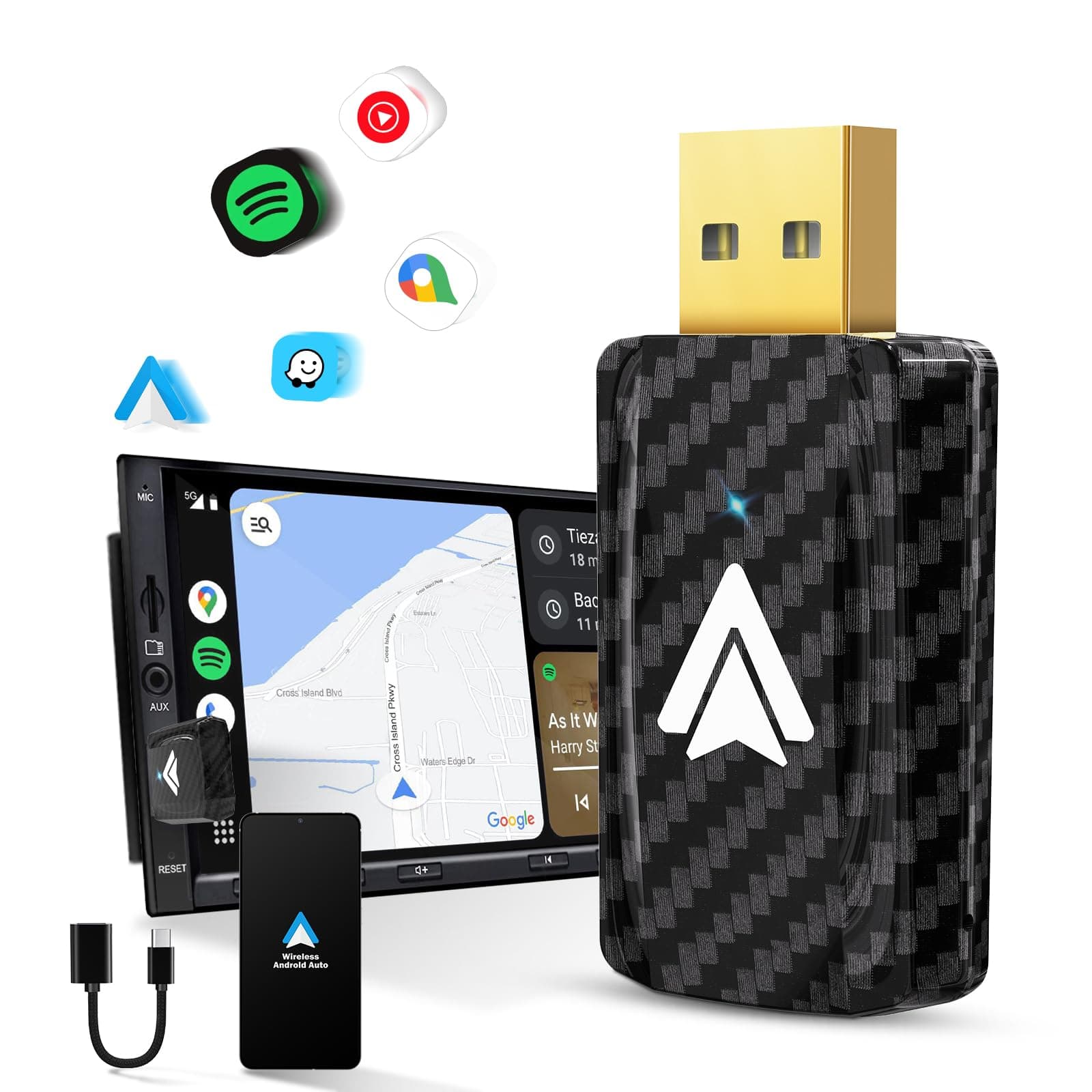 Android Auto Wireless Adapter for Car Small Dongle, Compatible with AndroidAuto Car Models 2017 Above with Wired, Only for Android Phones Version 11 Above, Carbon Fiber Black