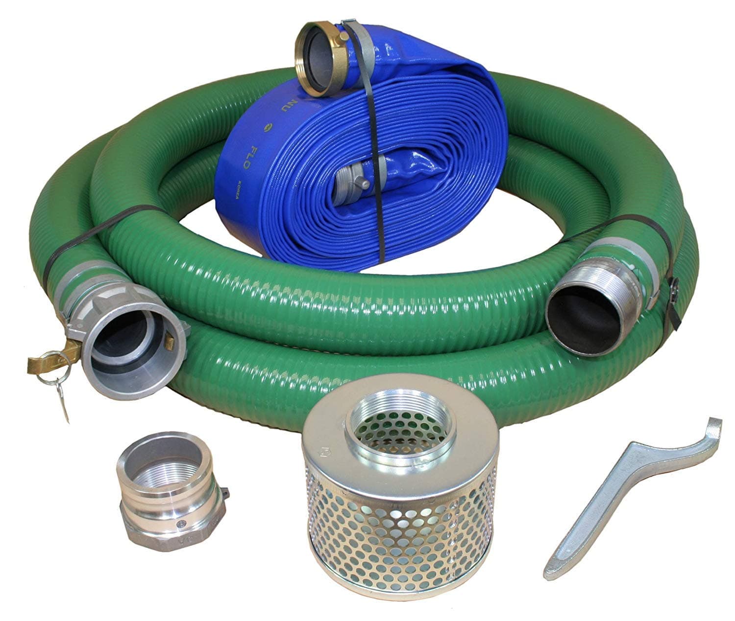 Hose PVC/Aluminum Water/Trash Pump Hose Kit, 4" Green Suction Hose Coupled C x KCN, 4" Blue Discharge Hose Coupled M x F, 70 PSI Max, 50' Length, 4" ID