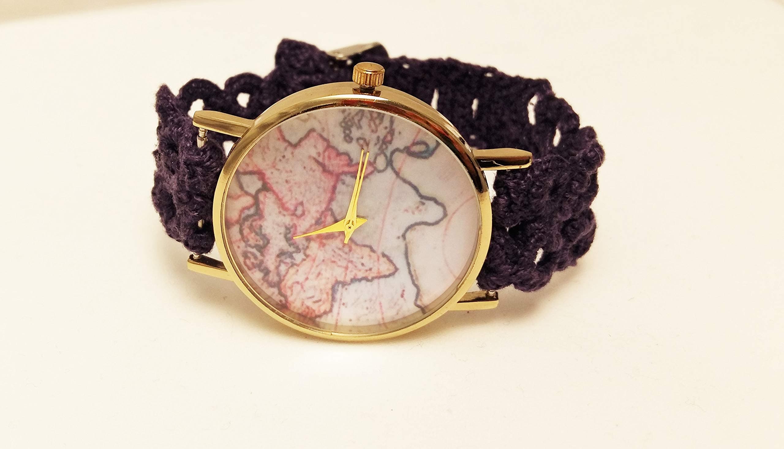 Ladies unique brown world map wrist watch Hand embroidered crochet vintage bracelet Mother-in-law gift