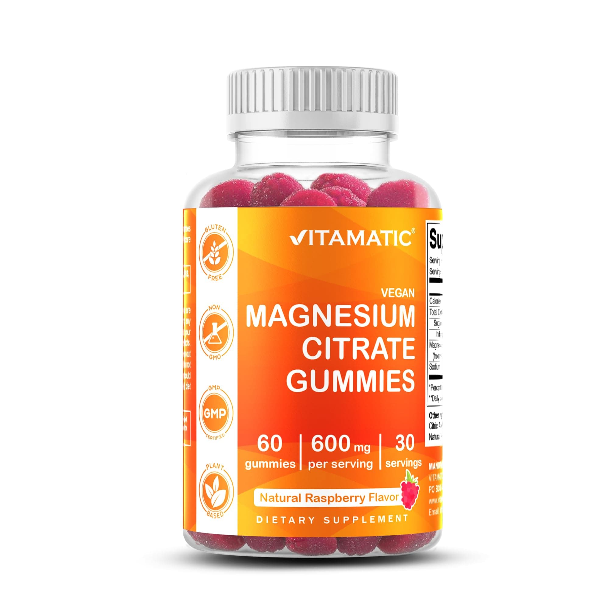 Vitamatic Magnesium Gummies 600mg per Serving - 60 Vegan Gummies - Promotes Healthy Relaxation, Muscle, Bone, & Energy Support