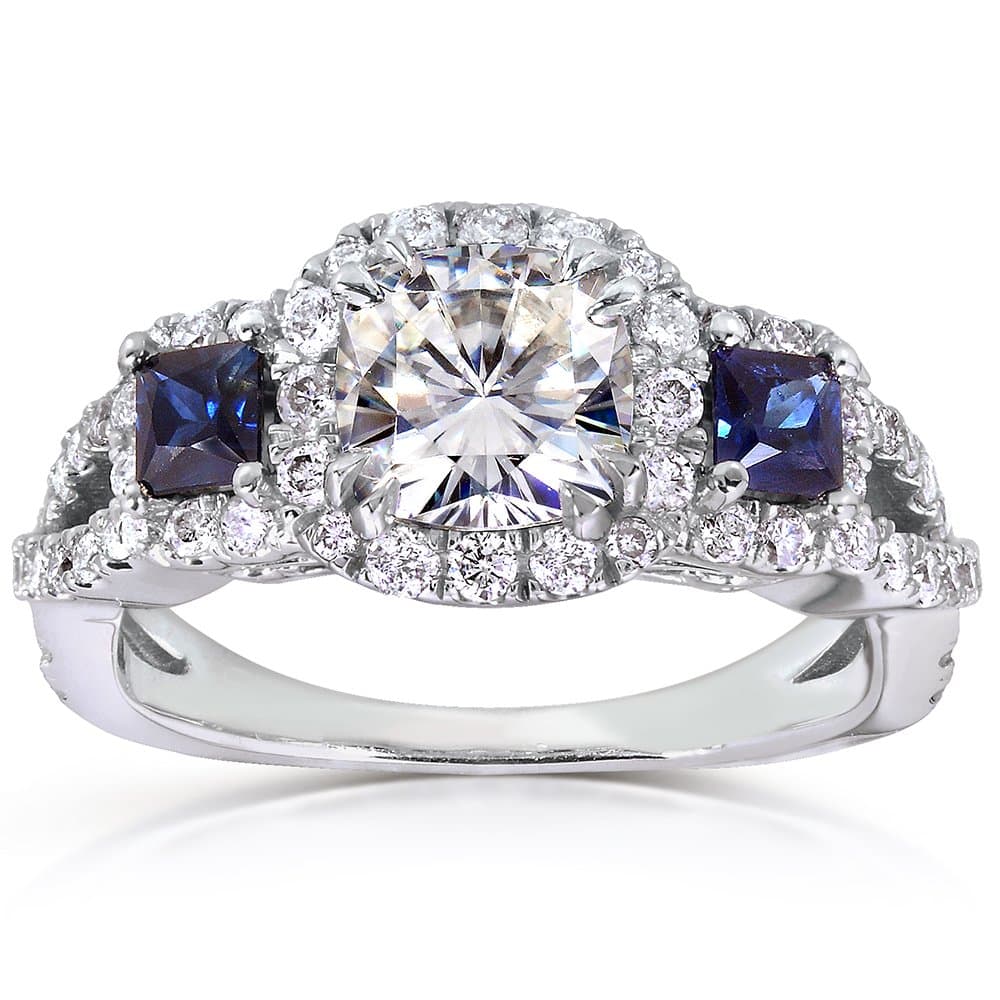 Kobelli Near-Colorless (F-G) Moissanite Engagement Ring with Sapphire & Diamond 2 CTW 14k White Gold
