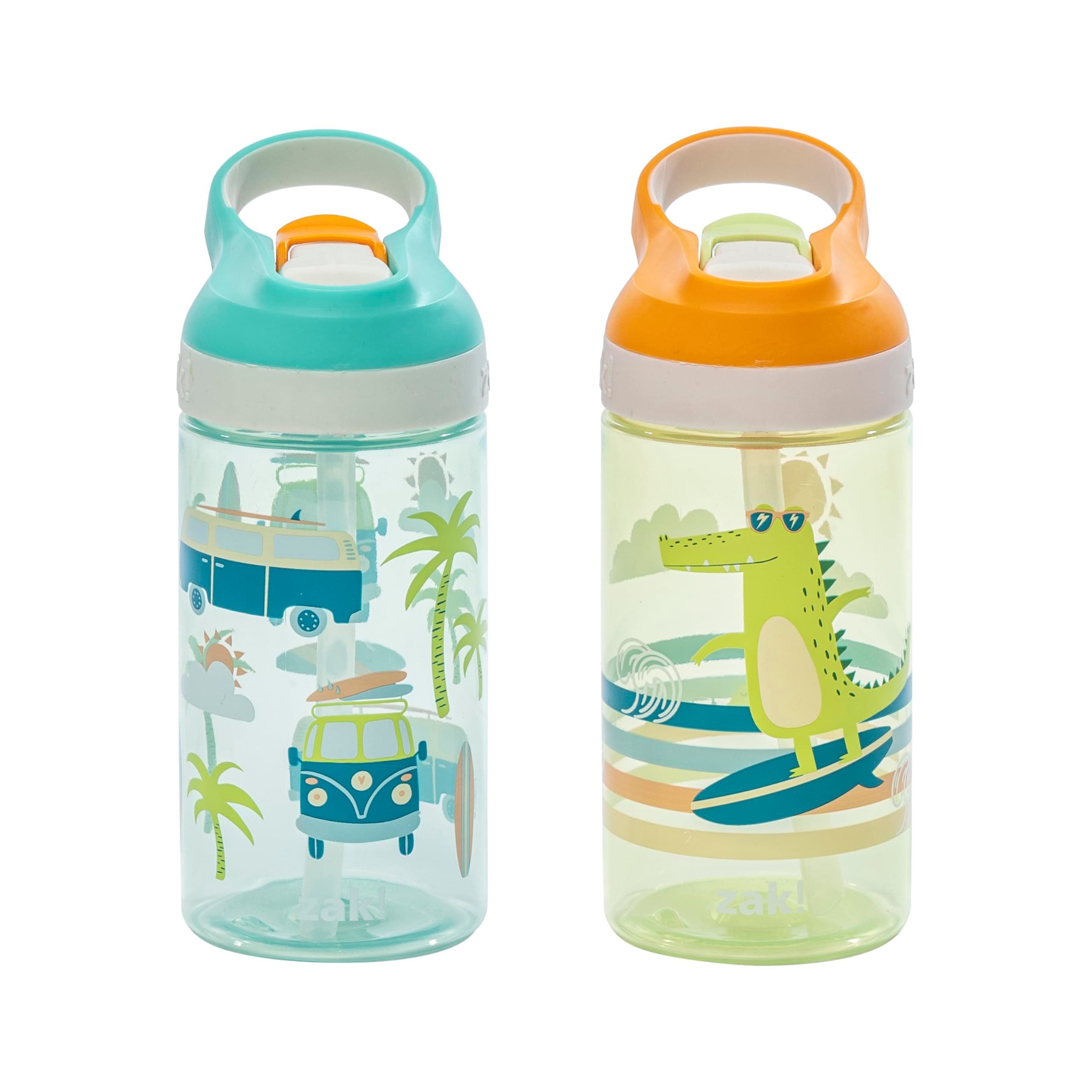 Atlantic Kids Water Bottle For School or Travel, 16oz Durable Plastic Water Bottle With Straw, Handle, and Leak-Proof, Pop-Up Spout Cover, 2-Pack (Surf Boards and Palm Trees)