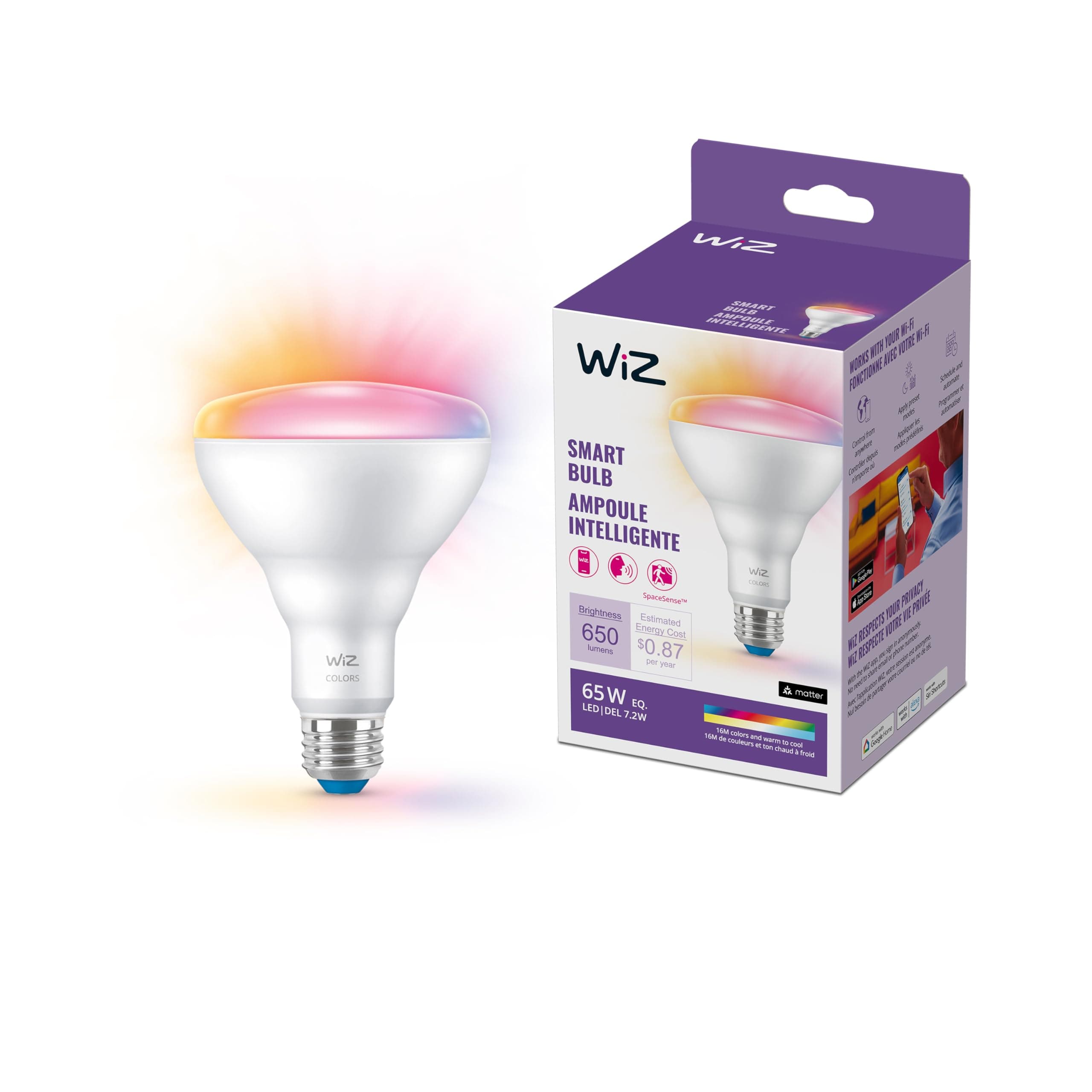 WiZ 65W BR30 Color LED Smart Bulb - Pack of 1 - E26- Indoor - Connects to Your Existing Wi-Fi - Control with Voice or App + Activate with Motion - Matter Compatible