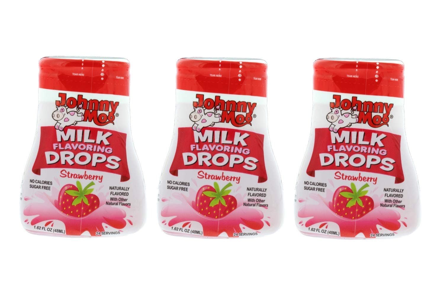 Johnny Moo Milk Flavoring Drops, Strawberry Flavor - A Sweet Treat That Makes Milk Taste Great - No Sugar, No Calories, Gluten-Free, Naturally Flavored - Pack of 3, 1.62 fl oz, 24 Servings Per Bottle