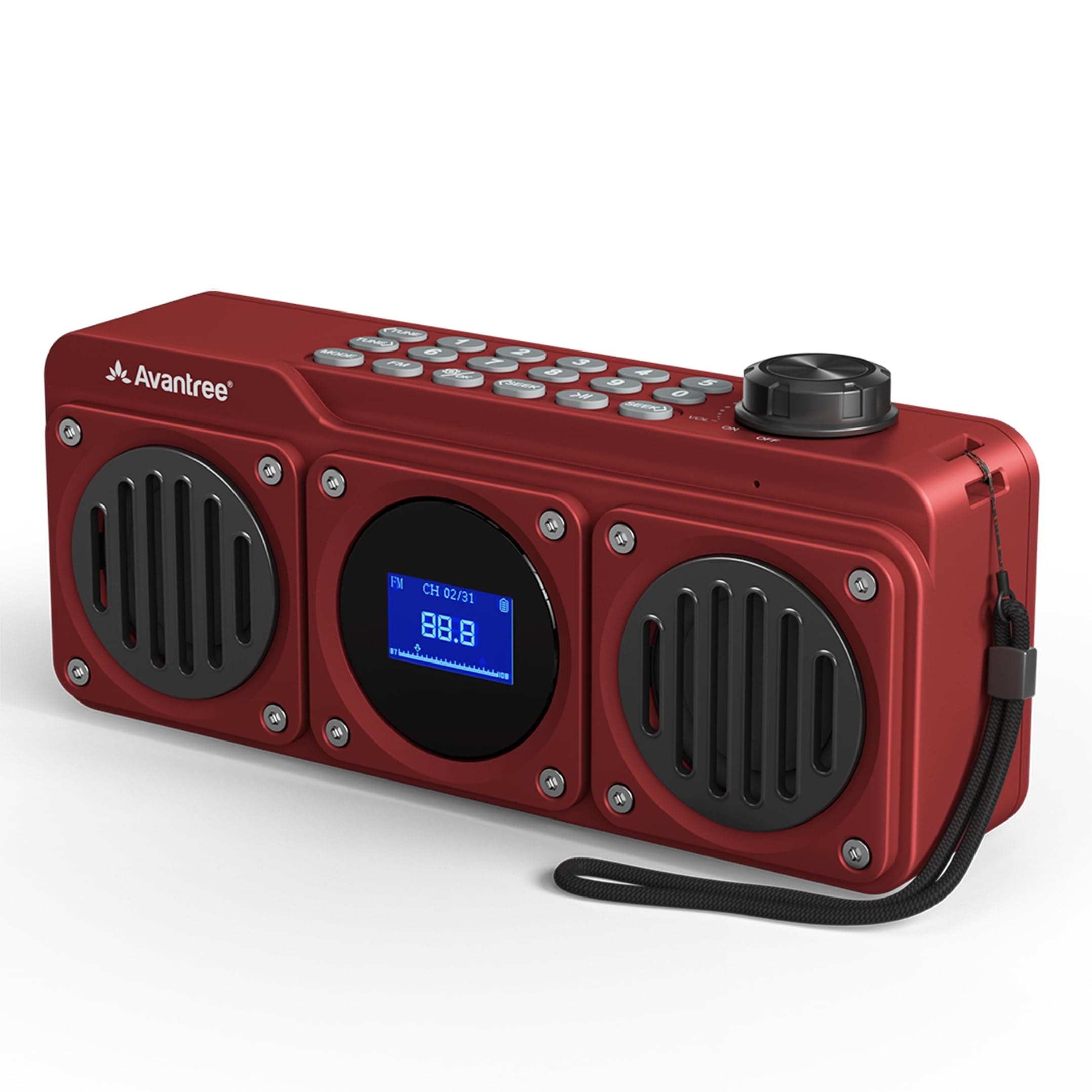 Avantree Boombyte FM Small Radio with Bluetooth Speaker, Portable with Powerful Sound, Stereo Sound, Micro SD Card Slot and USB Port, Battery-Operated MP3 Player, Red