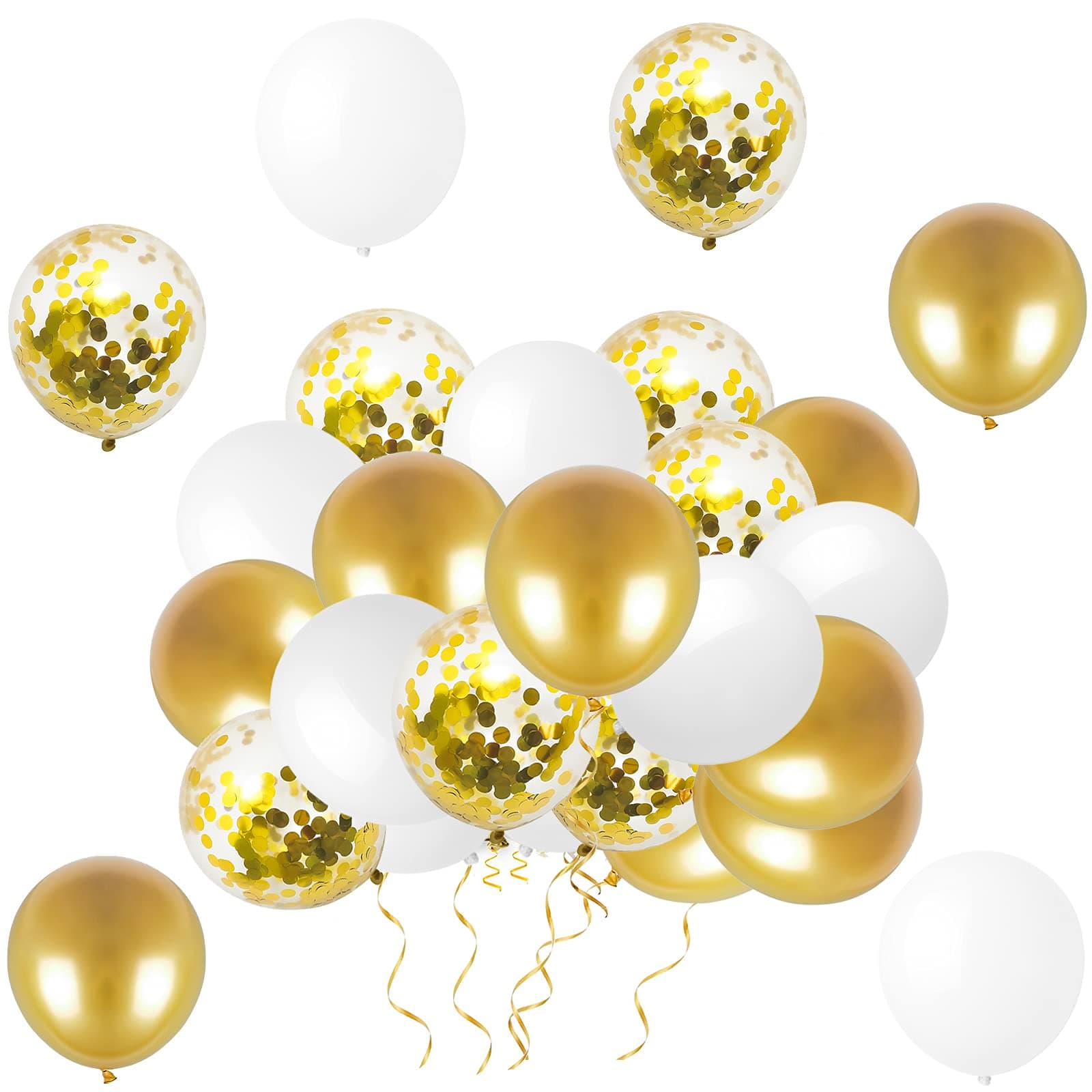 Confetti Balloons 12" Party Balloons Latex Balloons Birthday Balloons Baby Shower Balloons Wedding Balloons for More Parties 50 Pcs Pack-White, Gold, Golden Confettii Balloons with Ribbon