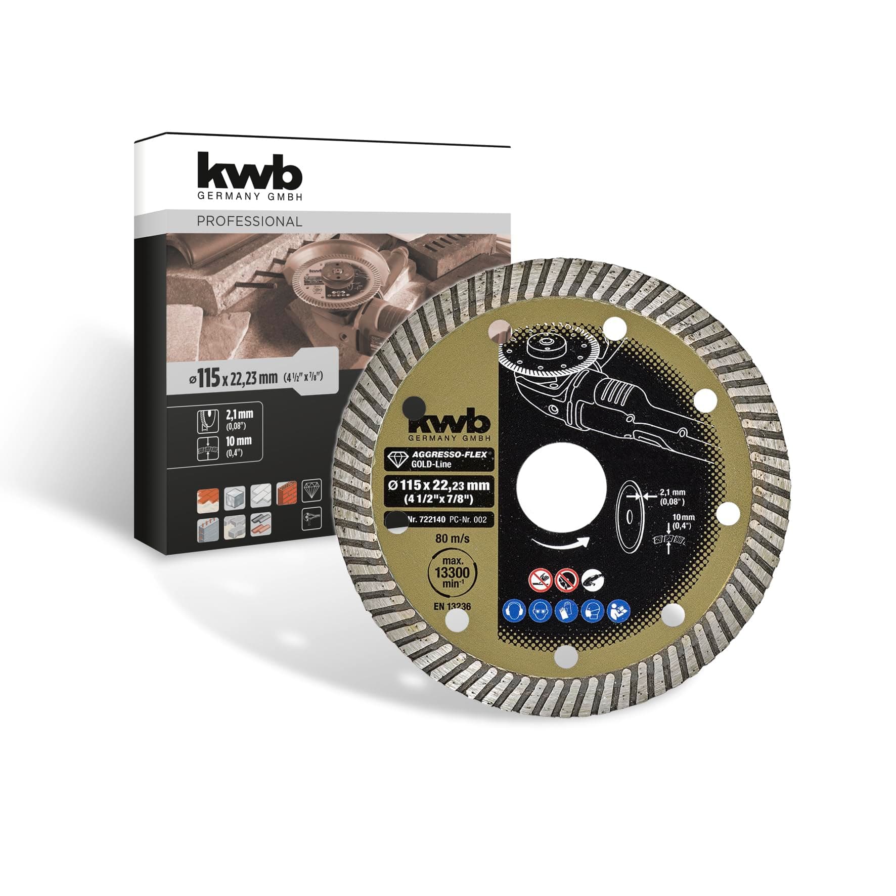 kwbAggresso-Flex® Gold-Line Diamond Cutting Disc Ø 115 With Sintered Turborand, 22.23 Mm Bore, Long Service Life and 9 Side Holes