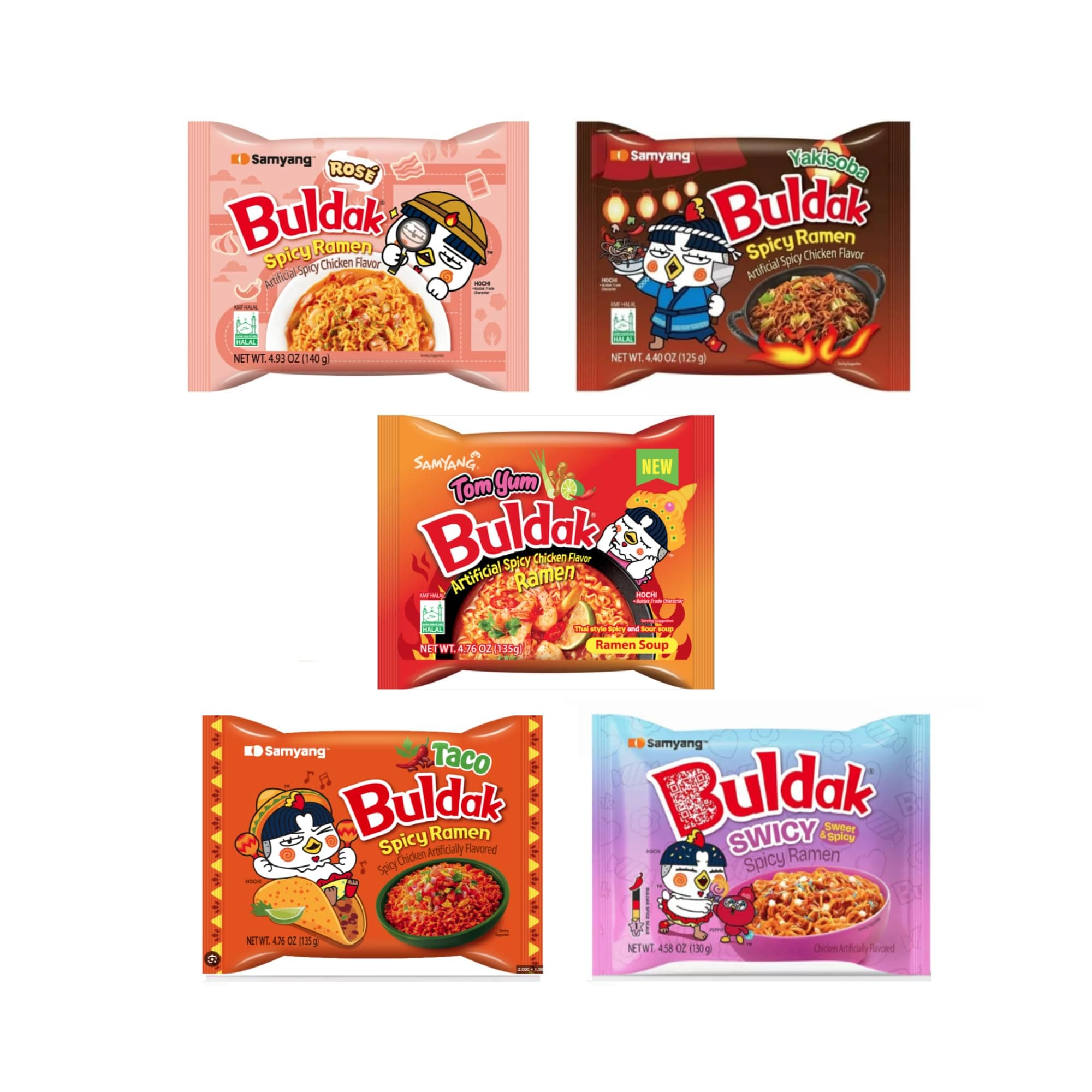 Buldak Chicken Stir Fried Ramen Korean Ramen (5 Flavor Combination, 5 Pack)
