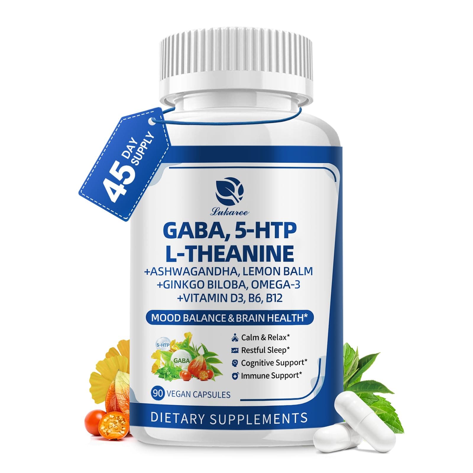 GABA Supplements 750mg with L Theanine, 5HTP, Ashwagandha, Lemon Balm, Ginkgo Biloba, Omega-3, 10 in 1 GABA Calm Capsules for Sleep, Relaxation, Focus, Mood Support, Cortisol Balance - 90CT