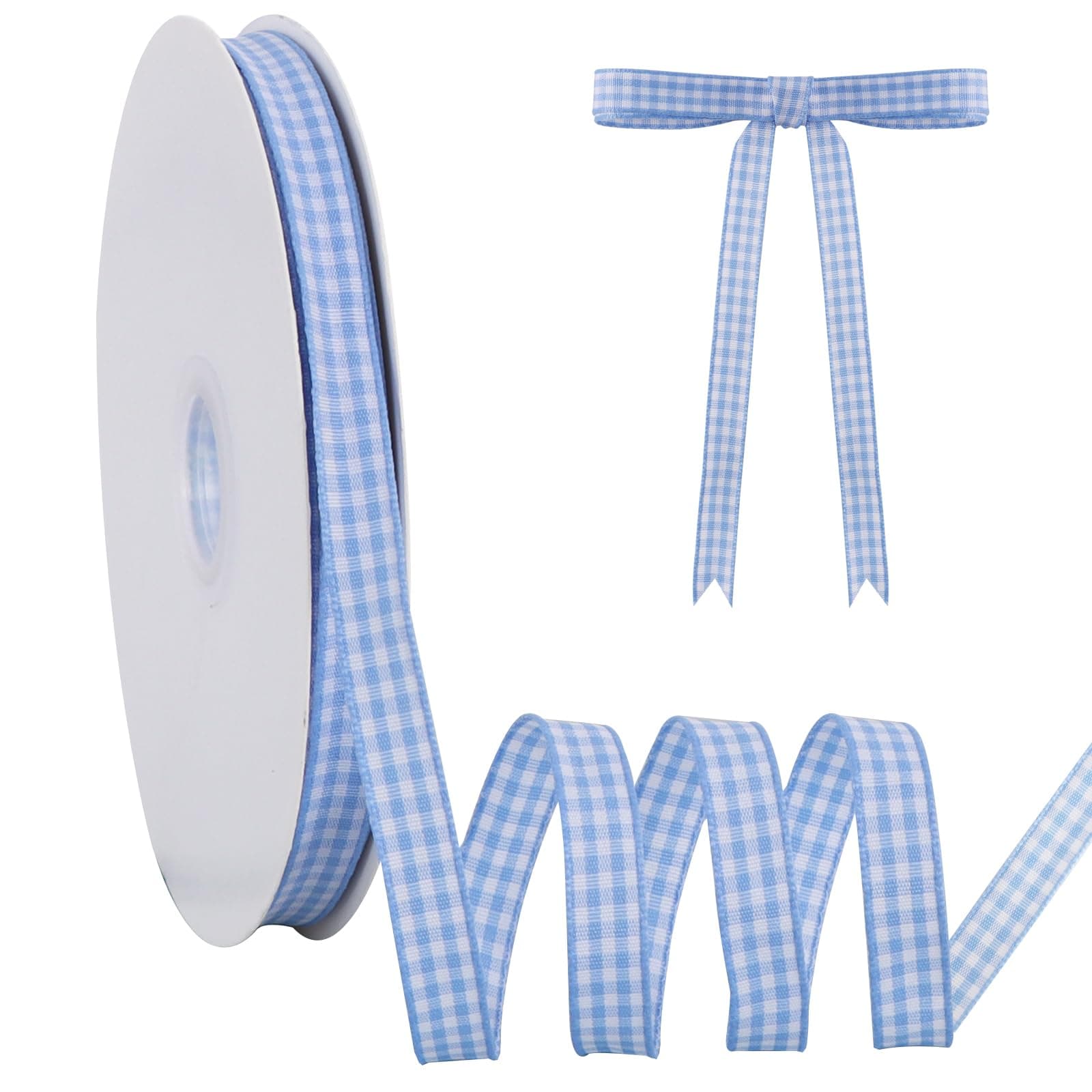 TONIFUL 3/8 Inch x 50 Yards Gingham Buffalo Checkered Ribbon Light Blue and White Fabric Ribbon for Easter Valentine's Day Gift Wrapping Baby Shower Hair Bows Accessories Floral Craft Bouquet