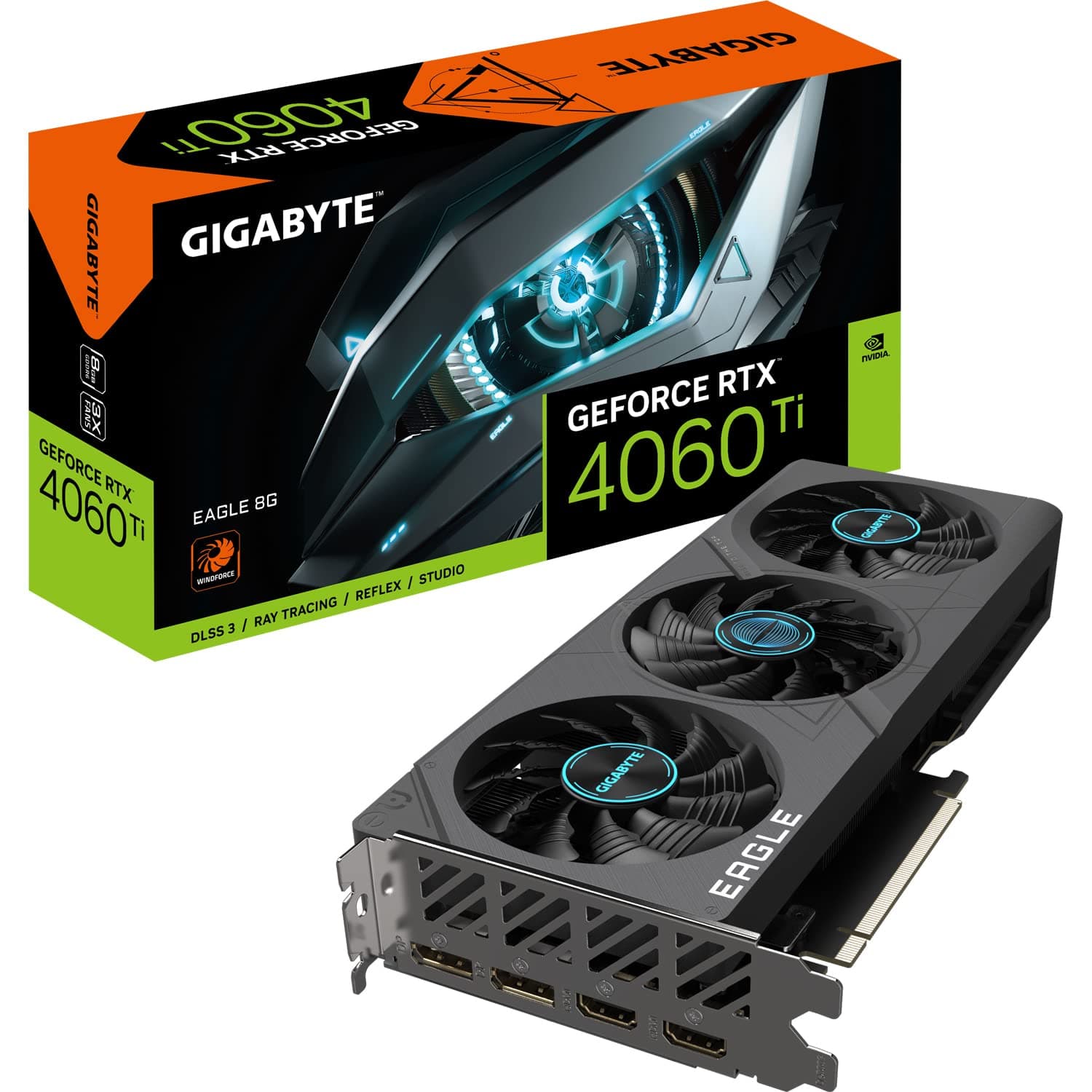 GeForce RTX 4060 TI EAGLE 8GB Graphics Card - 8GB GDDR6 18Gbps 128bit, PCI-E 4.0, 2x DisplayPort 1.4, 2x HDMI 2.1a, NVIDIA DLSS 3, Supports 4K, Ada Lovelace Arch, GV-N406TEAGLE-8GD