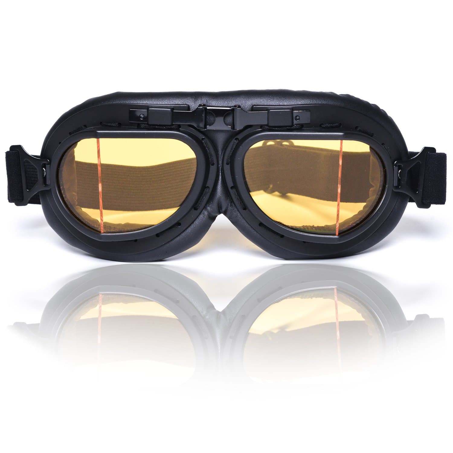 Vintage Aviator Goggles WWII RAF German Retro Pilot Style Cafe Racer Motorcycle Off-Road ATV Scooter Cruiser Touring Half Open Face Helmet Snow Ski Steampunk Hat Glasses (Black 08, Amber)