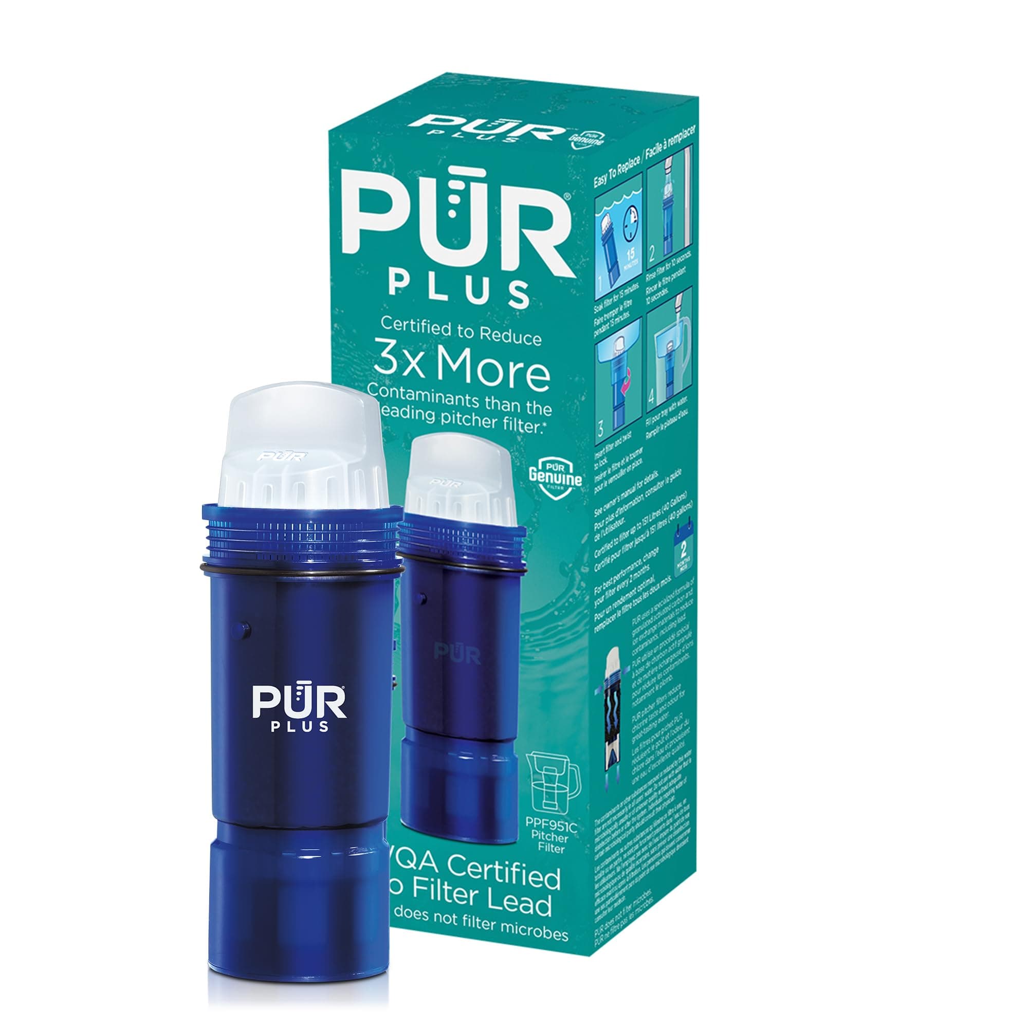 PUR PLUS Lead Reducing Water Pitcher and Dispenser Replacement Filter 1-Pack, NSF and WQA Certified – Compatible with all PUR and Beautiful by PUR Pitchers and Dispensers, Blue, PPF951K1