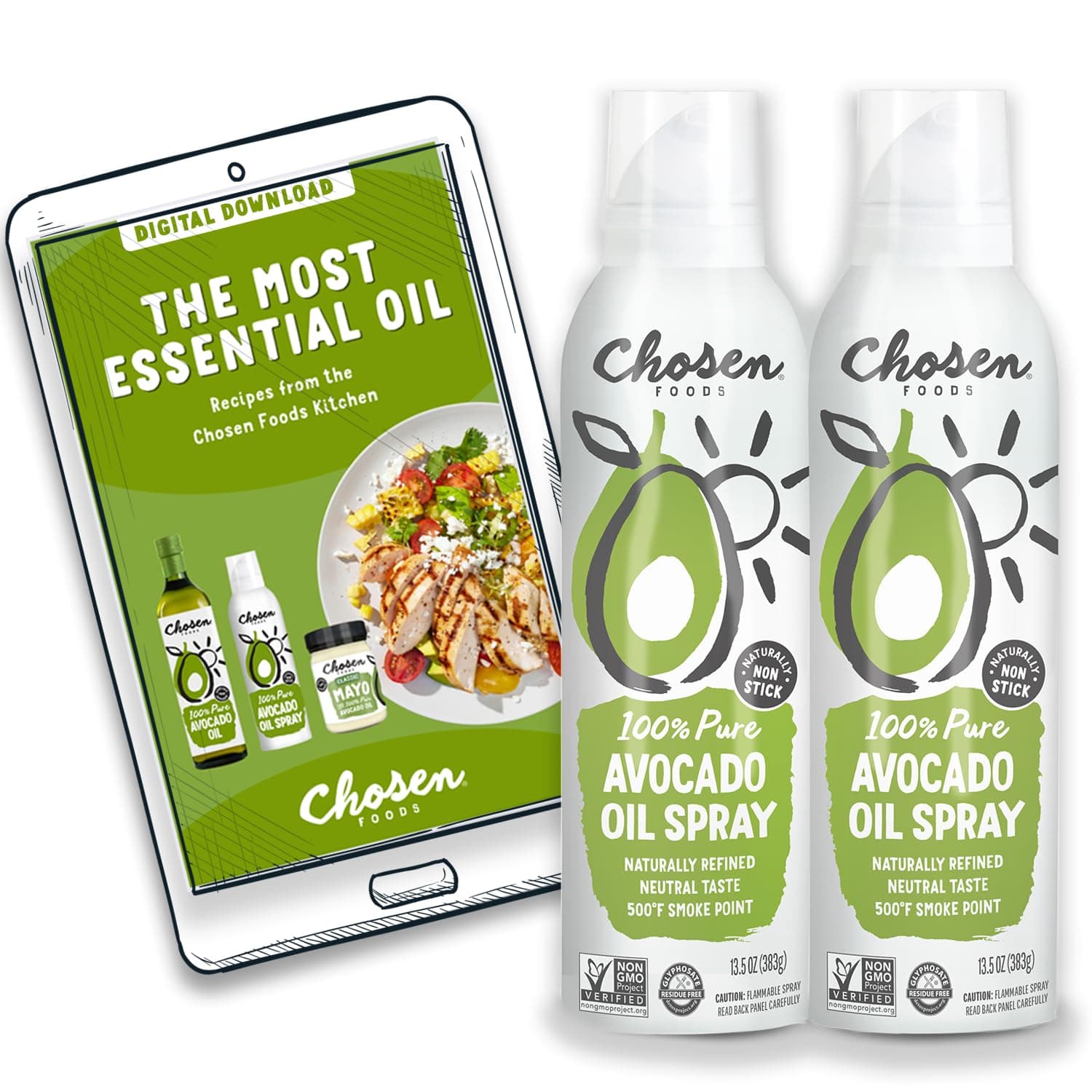 Chosen Foods 100% Pure Avocado Oil Spray, Keto Diet Friendly, Kosher Cooking Spray for Baking, High-Heat Cooking and Frying (13.5 oz, 2 Pack) + Recipe eBook