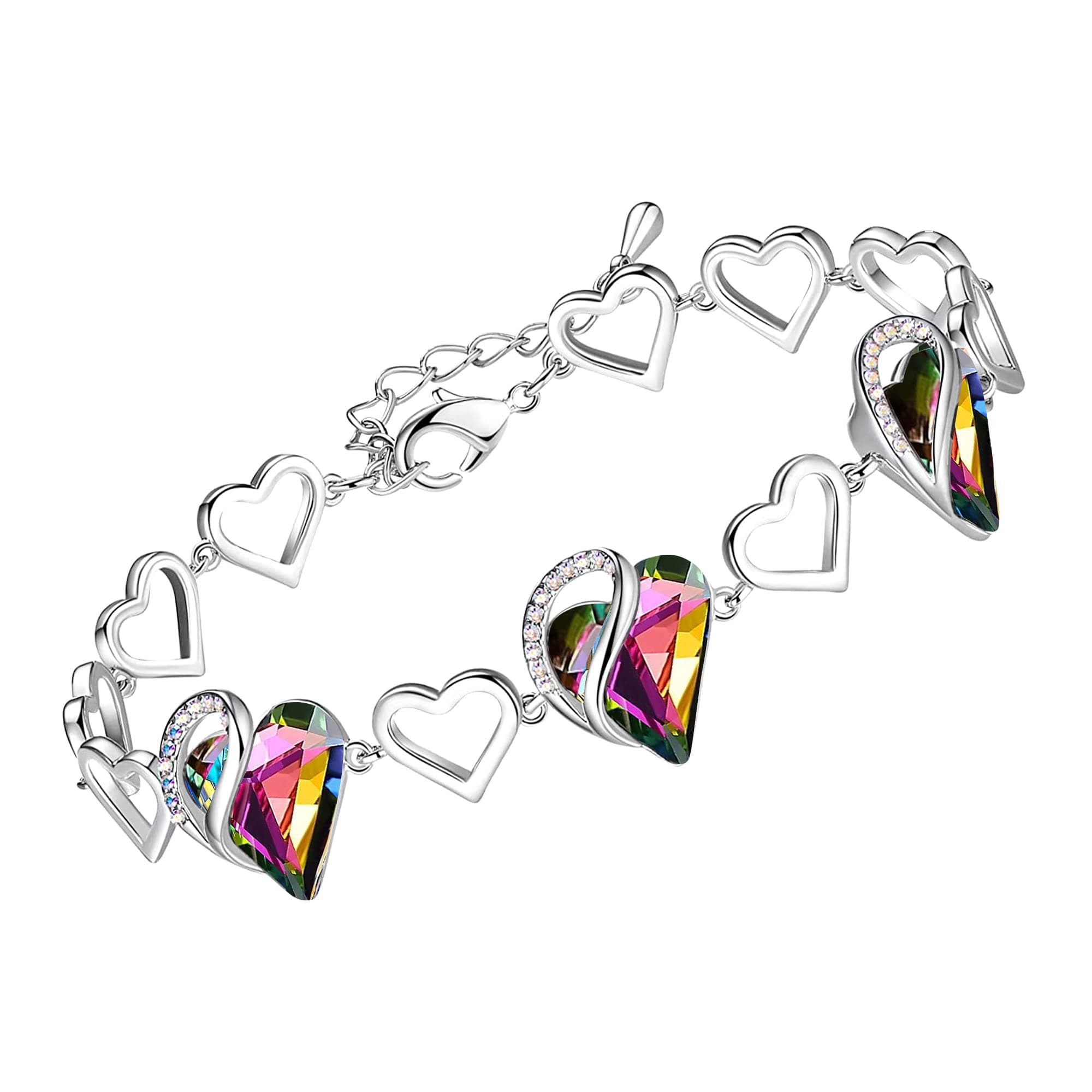 Leafael Infinity Love Heart Link Bracelets, Birthstone or Healing Stone Crystal Bracelet for Women, Silver Tone Jewelry Gifts for Her, 7-inch Chain and 2-inch Extender