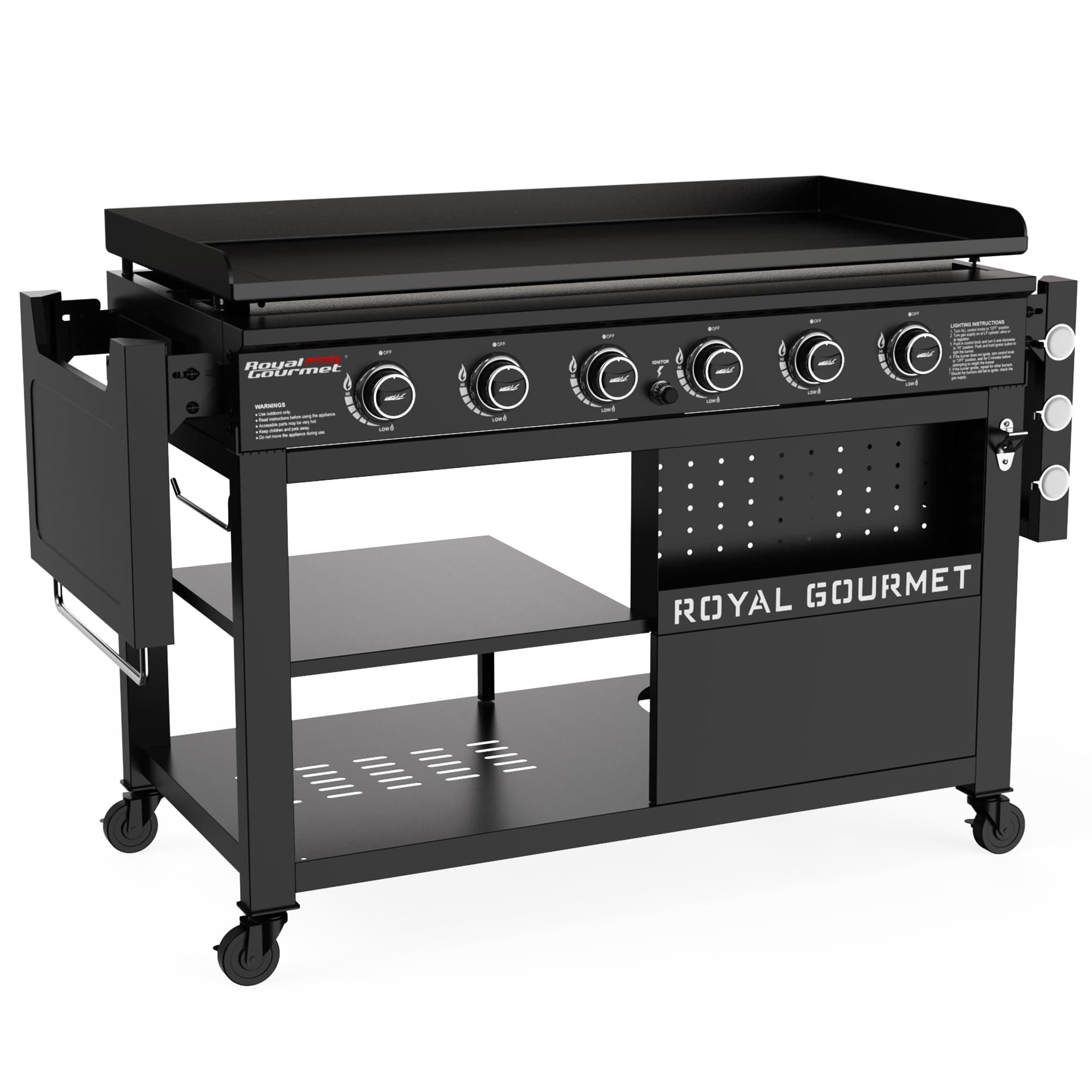 GB6000 6 Burner Propane Gas Griddle with Folding Side Tables, 44-Inch Flat Top Grill with Double-Layer Bottom Shelves for Outdoor Party or Backyard Barbecue, Black