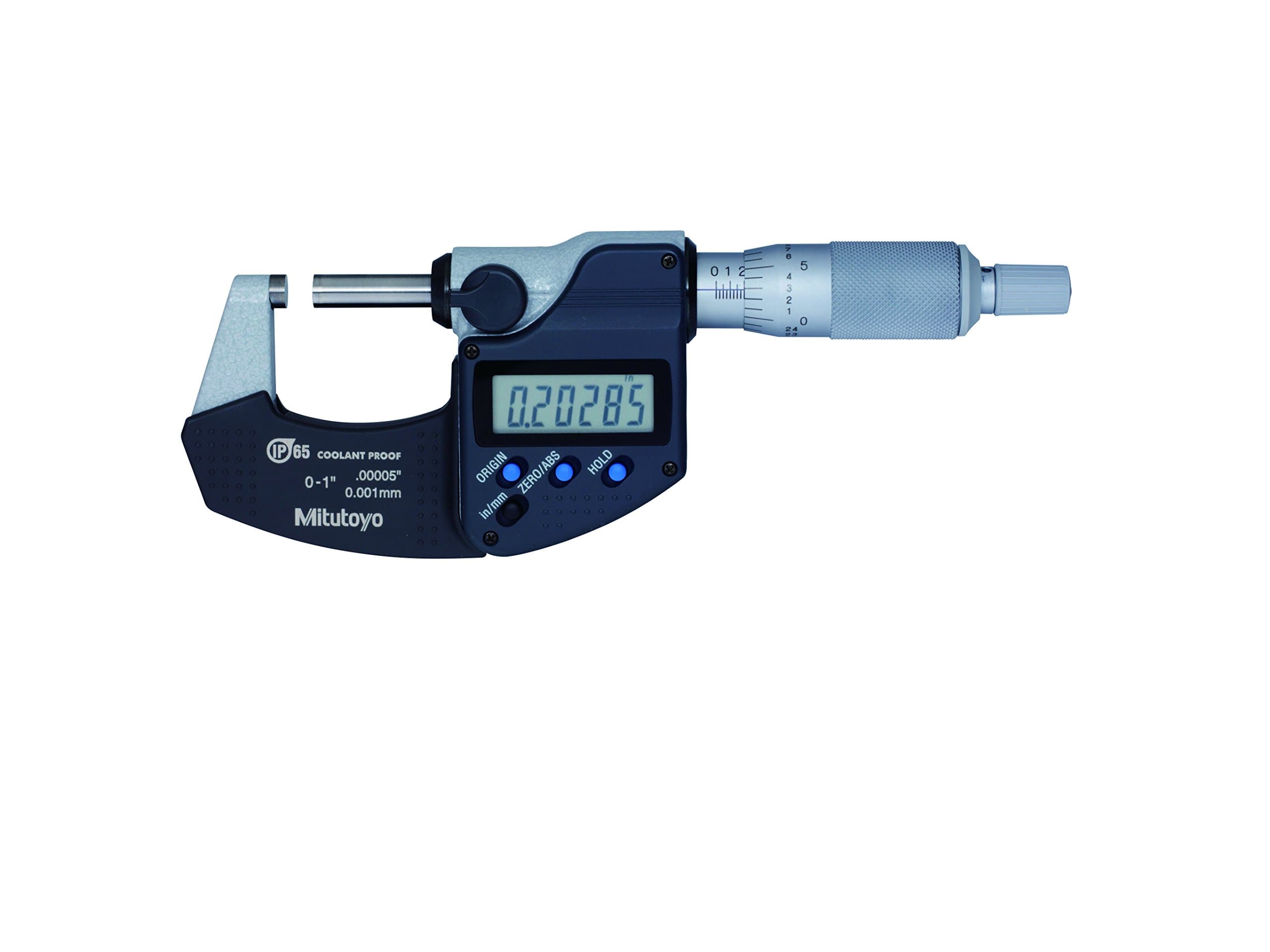 293-340-30 Digital Micrometer, Inch/Metric, Ratchet Stop, 0-1" (0-25.4mm) Range, 0.00005" (0.001mm) Resolution, -0.00005" Accuracy, Meets IP65 Specifications