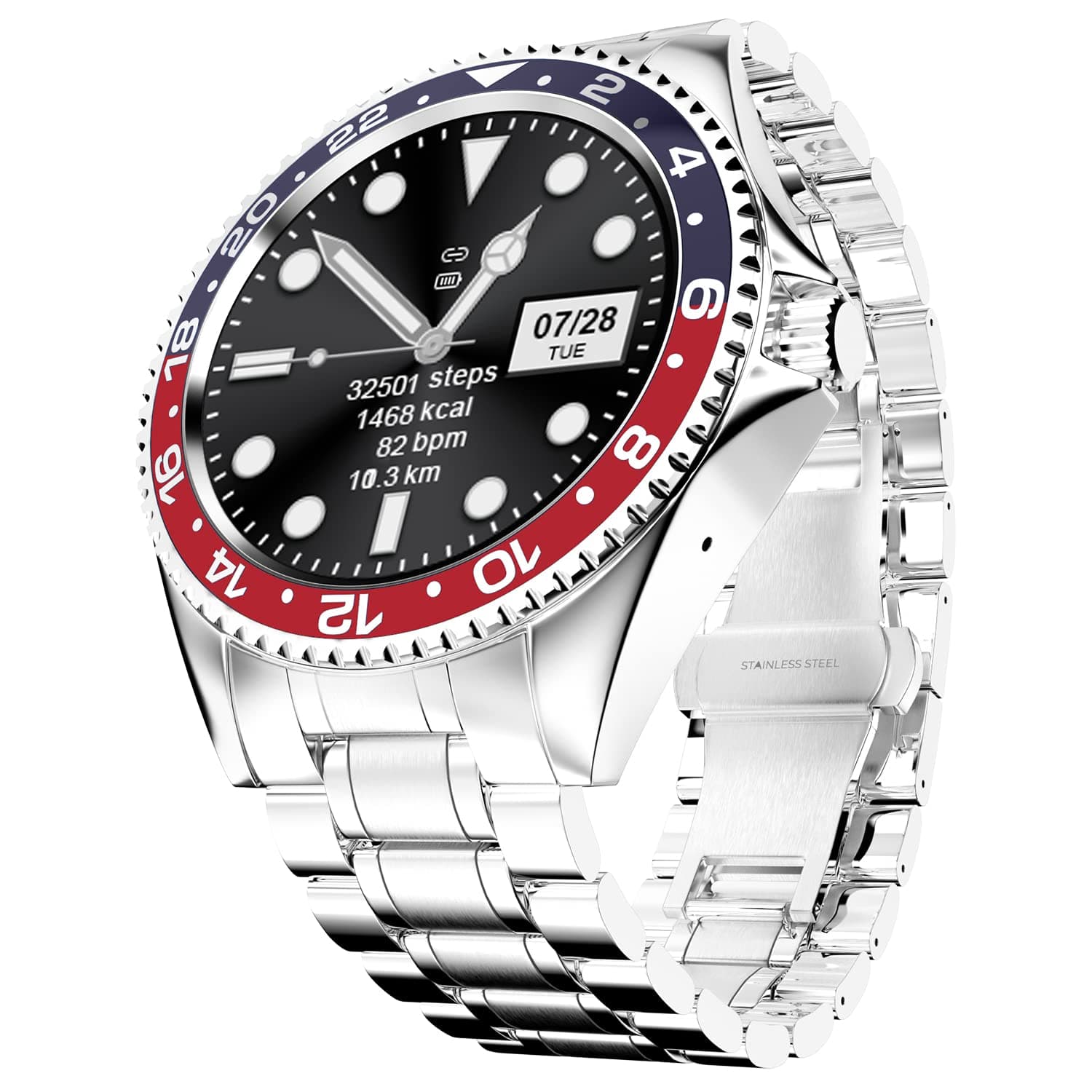 Quantum Luxury Stainless Steel Design 1.28" Bluetooth Calling Smartwatch/High Resolution/TWS Connection/SpO2 Tracking/Sports Modes/Compatible with Android iOS/Unisex (Black Red)