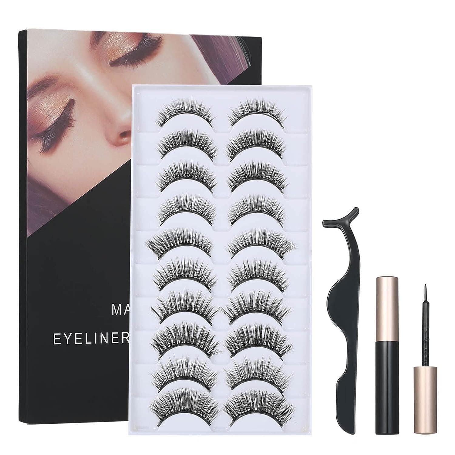 Magnetic False Eyelashes Set With Liquid Eyeliner & 10 Pairs Black Fake Lashes For Extension Makeup Tools, Douself787850677971