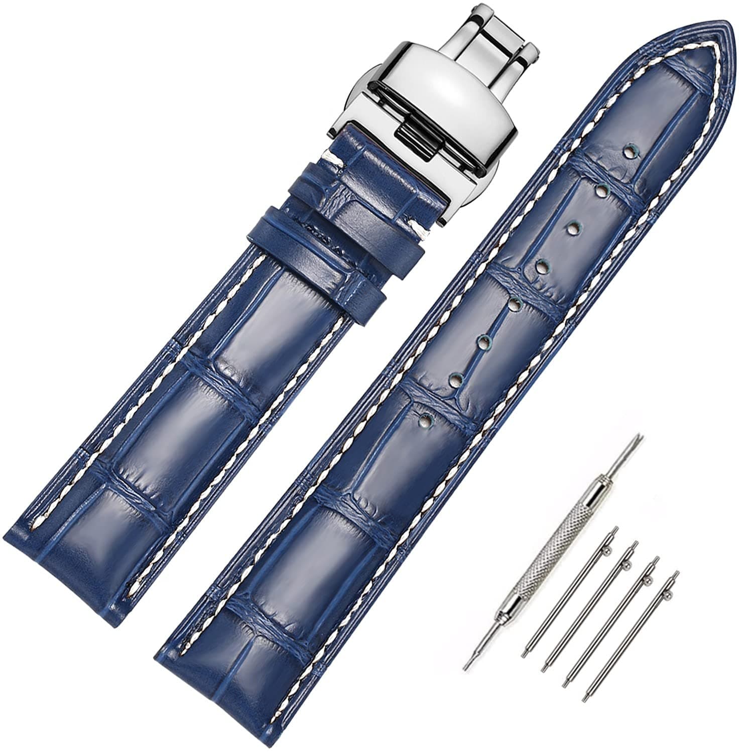 MUENShop Leather Watch Straps Quick Release Polished Deployment Buckle,18mm 20mm 22mm 24mm Black Brown Blue Green Classic Design Calf Leather Replacement Watch Band