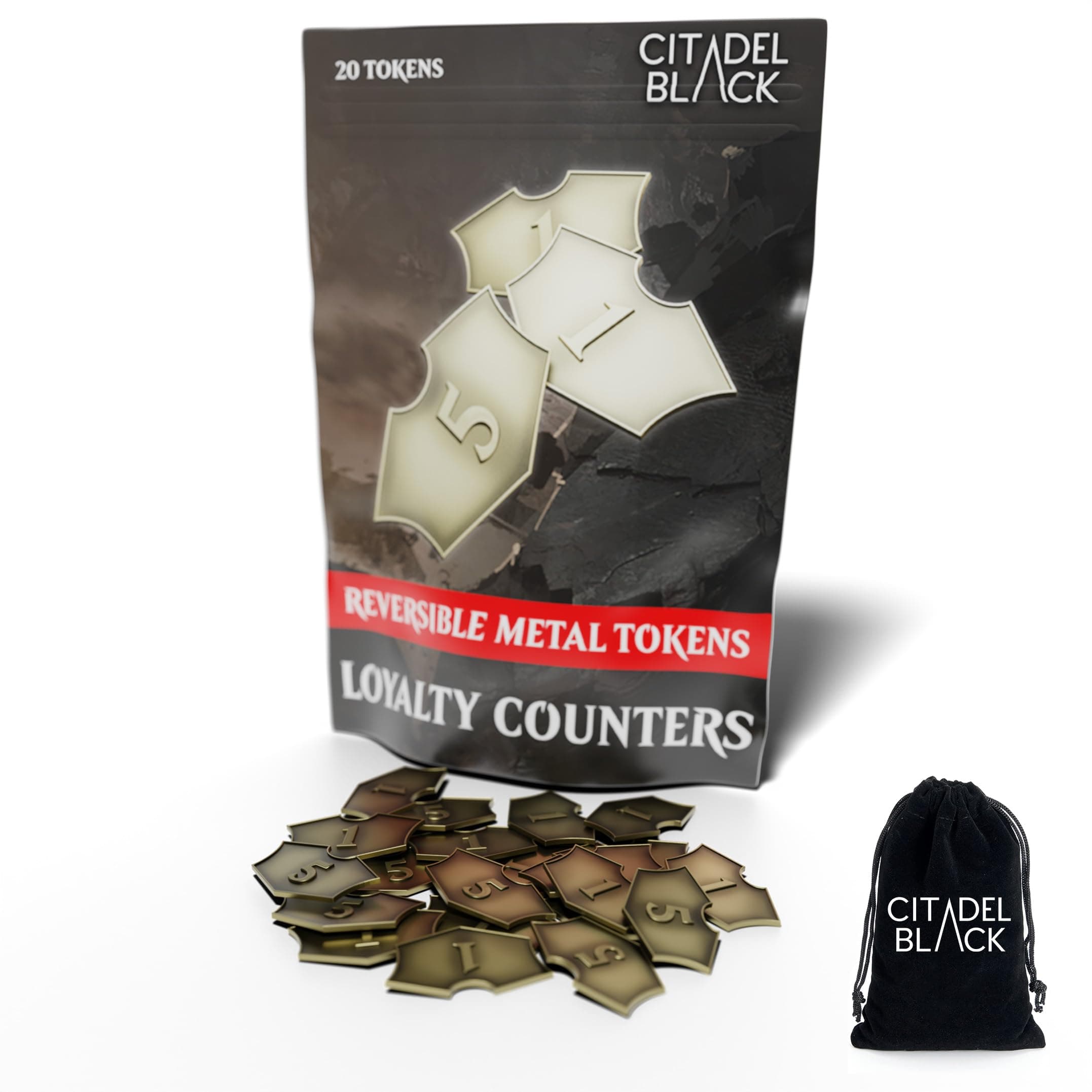 Citadel Black MTG Reversible Loyalty Counters Set of 20 Metal Tokens - with Drawstring Pouch, Antique Gold Finish Metal Tokens, Designed for Magic: The Gathering