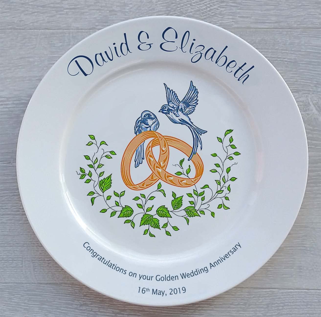 Personalised Golden Wedding Anniversary Plate with a Plain Rim - Rings and Doves Design