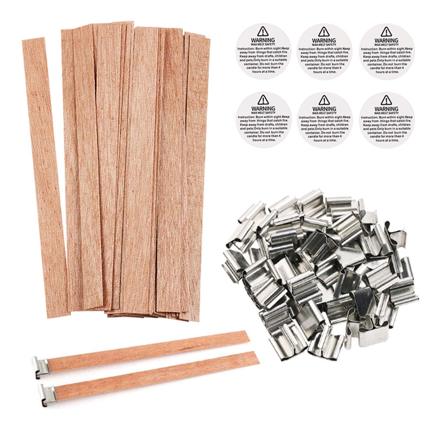 BENBO 154Pcs Wood Candle Wicks, 5.1 X 0.5 Inch Smokeless Crackling Wooden Candle Wicks Natural Candle Wicks with Iron Stand Candle Warning Labels for DIY Candle Making Craft (50 Sets)