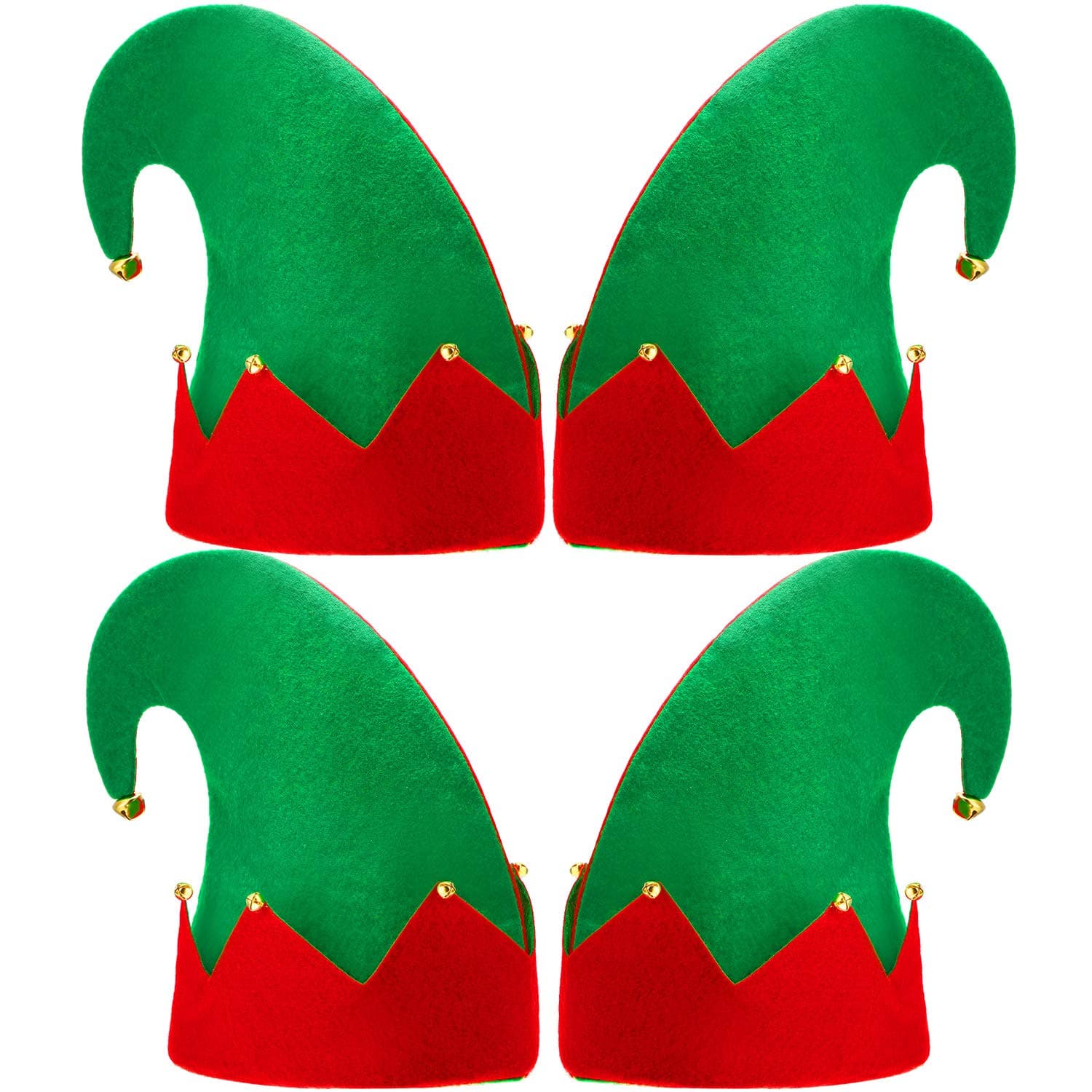 SATINIOR 4 Packs Christmas Elf Hat With Jingle Bells - Felt Costume Hat for Santa's Helpers - Xmas Party Accessories