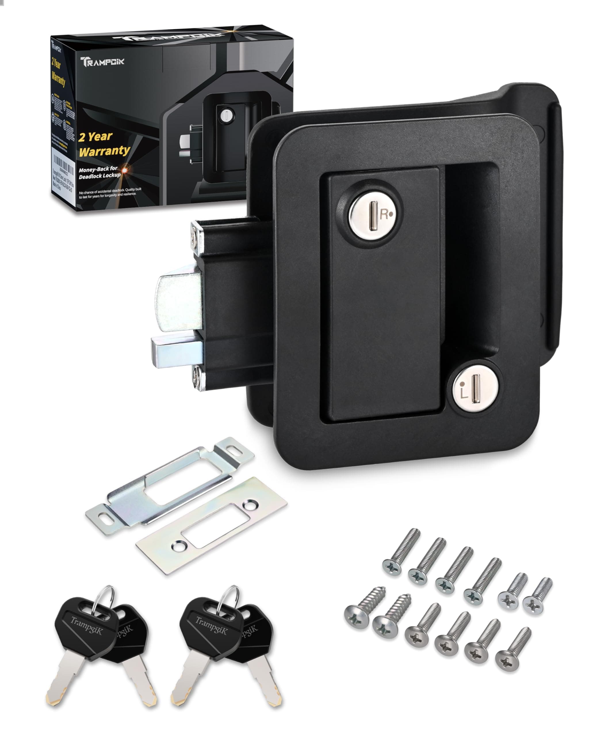 Engineering Plastic Camper Door Lock, RV Door Lock Replacement, Fit 3.65" x 2.95" Lock Hole, for Motorhome,RV Camper,Entrance Front Door, 1 Lock+6 Key Aliked