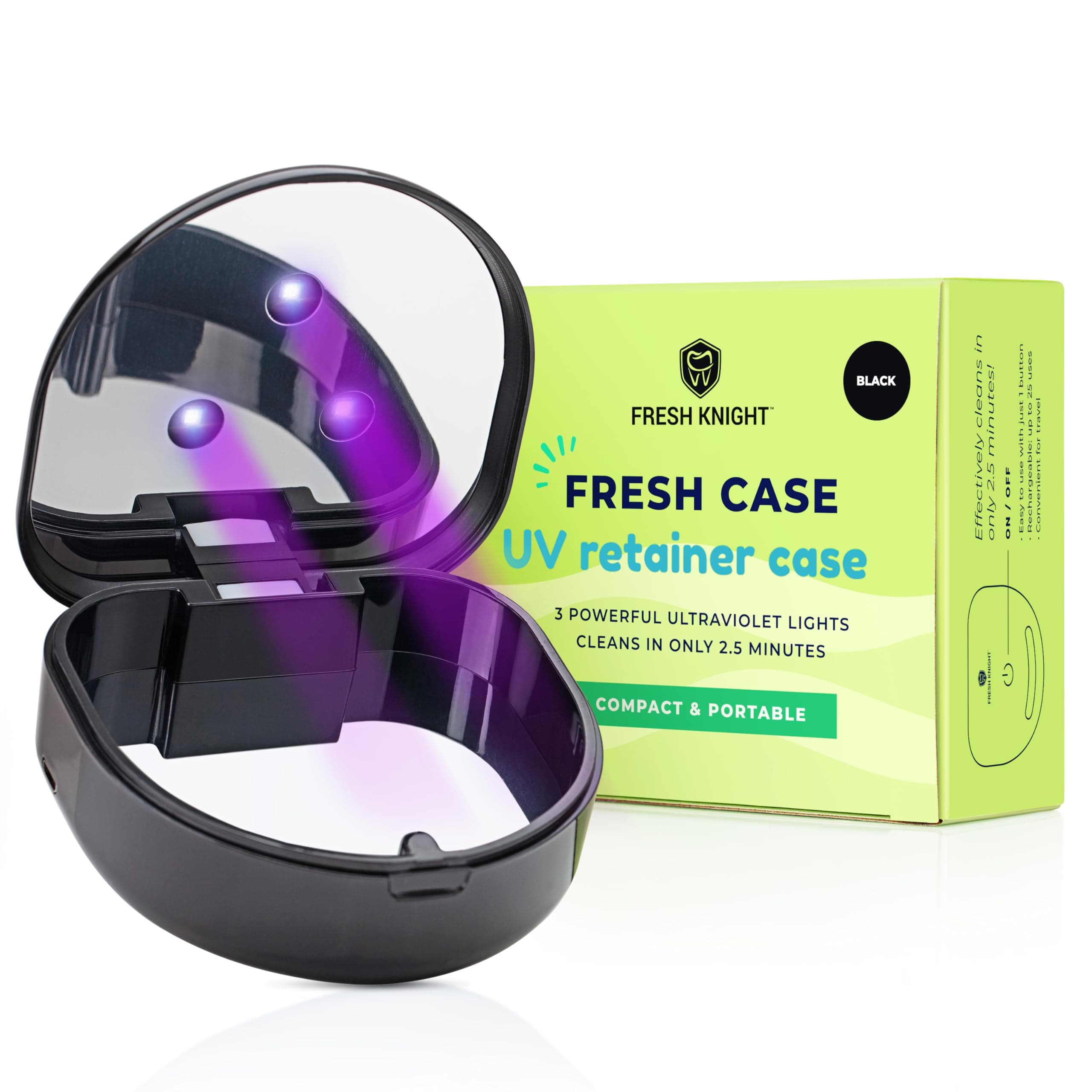 FRESH KNIGHT UV Retainer Case | UVC Retainer Cleaner, Disinfects Cleans and Removes Odors, Mouth Guard Case, compatible for Invisalign Container (Black-UV)