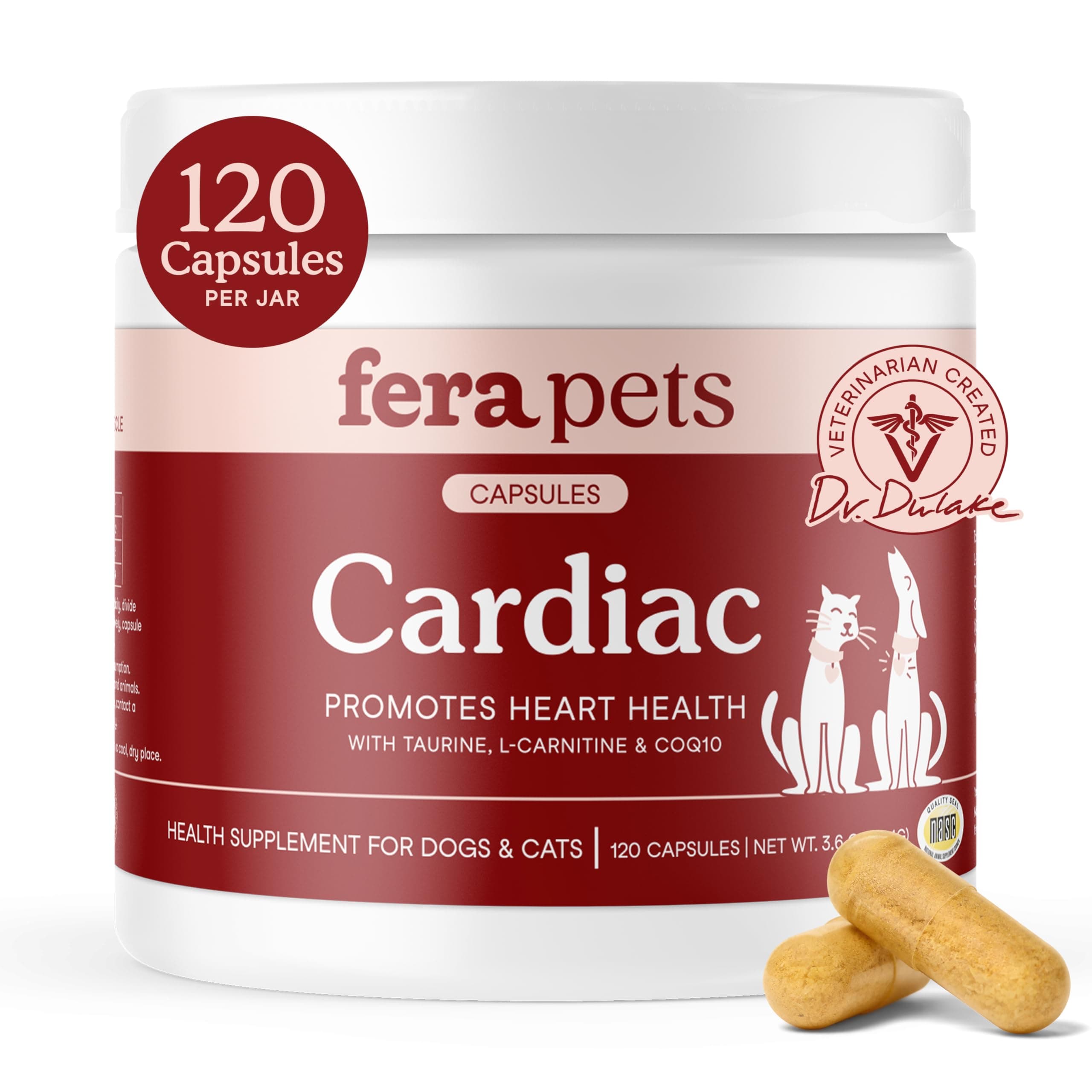 - Fera Pets Cardiac Support - Cat & Dog Heart Supplement with Taurine, L-Carnitine, & CoQ10 - Promotes Normal Circulation and Heartbeat - 120 Capsules