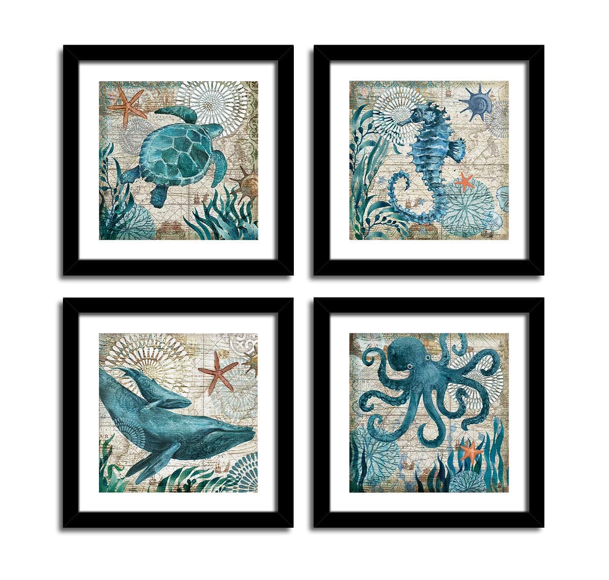 YOOOAHU 4 Pieces Canvas Prints Home Wall Decor Art Collection of Marine Animals Watercolor Sea Turtle Seahorse Whale Octopus Ocean Animal Pictures Modern Artwork Ready to Hang -16"x16"x4 Panels(BK)