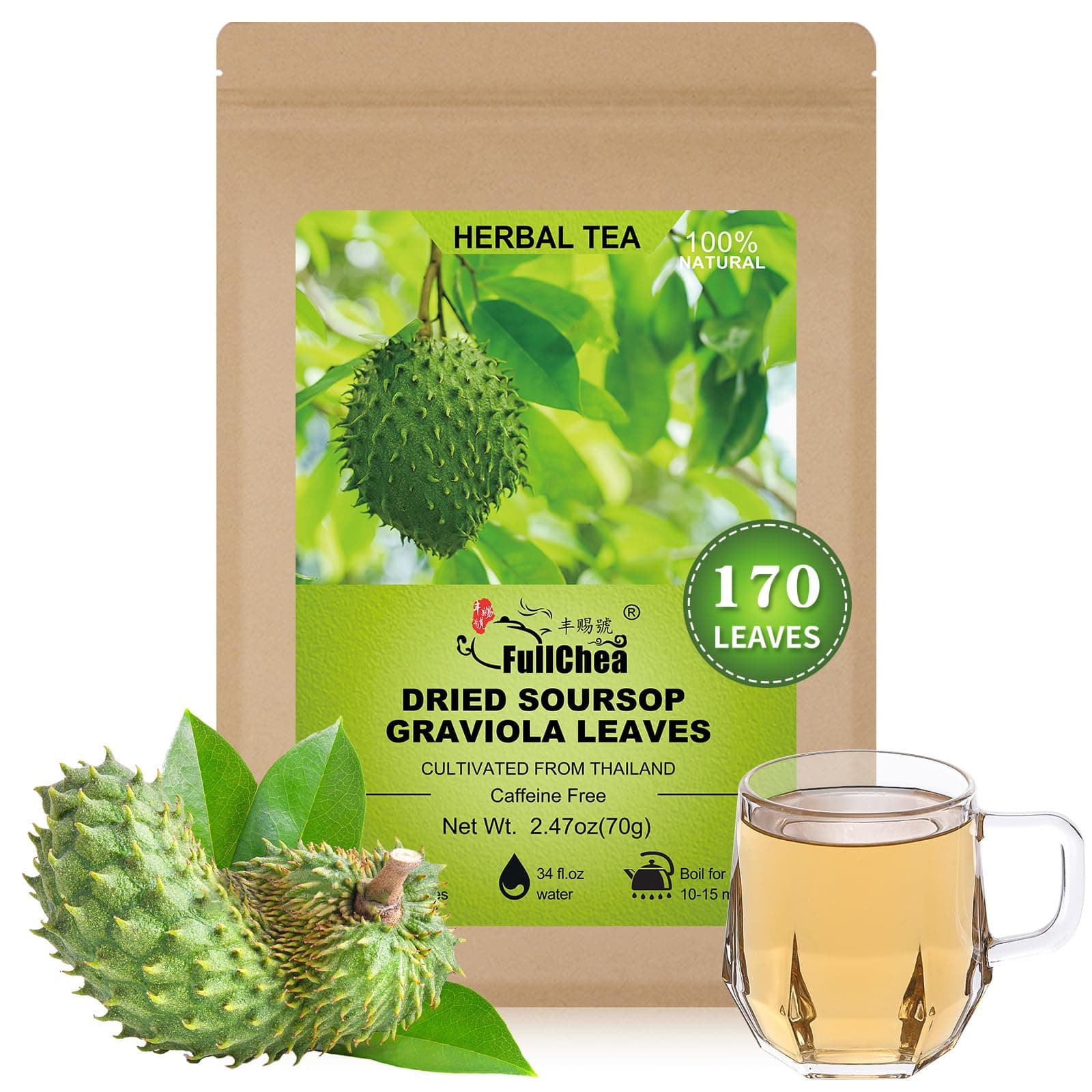 FullChea Soursop Leaves, 170+ Hojas De Guanabana - Premium Soursop Leaves Tea - Non-GMO - Caffeine-free - Improve Digestion, Support Skin & Sleep